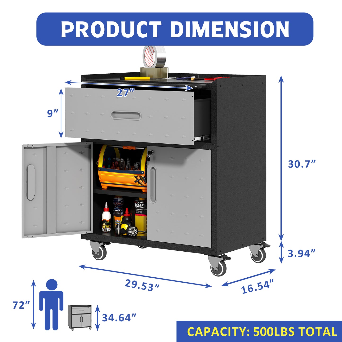 VIYET 35"H Heavy-Duty Steel Tool Cabinet with Wheels - 1 Drawer + 2 Locking Doors, Mobile Storage Cabinet for Garage/Home/Office/Workshop, Black+Gray