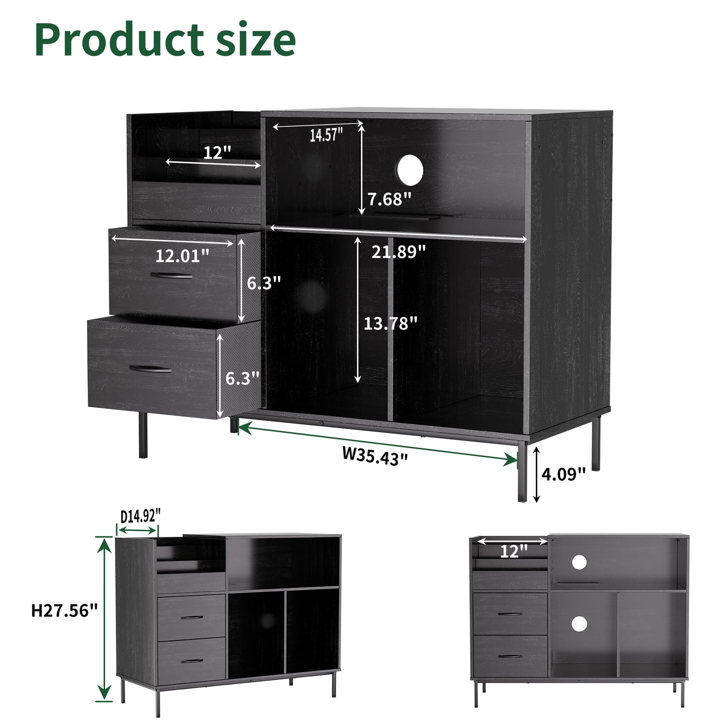VIYET Record Player Stand with Power Outlet, Vinyl Record Storage Cabinet with Flip Top, Drawers & Dustproof Doors, Black