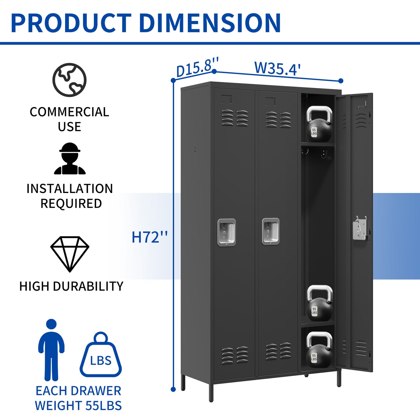 VIYET 72" 3 Door Metal Locker Storage Cabinet with Locks, Freestanding Employee Locker for Office, School, Gym, Garage & Home, Black