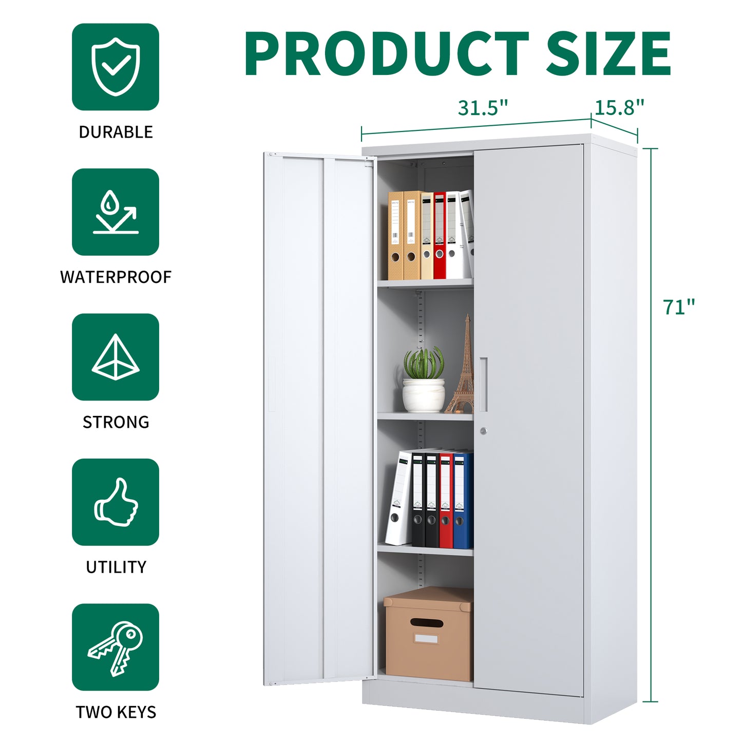 VIYET 71"H Metal Garage Storage Cabinet, White Lockable Steel Cabinet w/ 3 Adjustable Shelves (Anti-Tipping Office/Pantry Organizer)