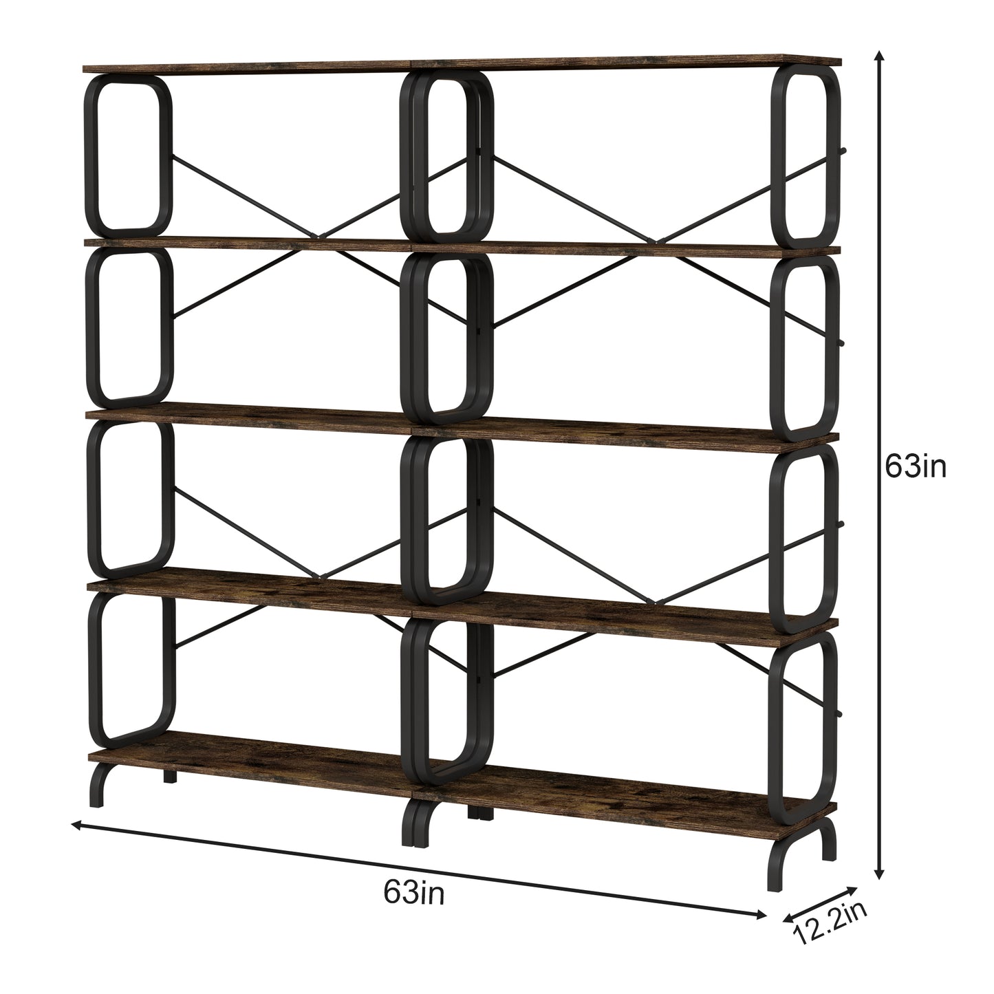 VIYET 63"×11.8"×63" 5-Tier Industrial Bookshelf - Rustic Brown MDF+Iron Frame, Anti-Tipping