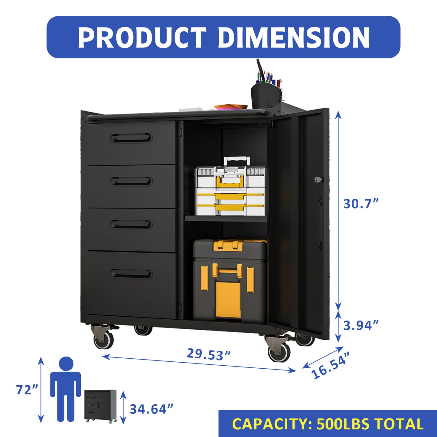 VIYET 35"H Heavy-Duty Mobile Steel Tool Cabinet, Categorized Drawers, Lockable Adjustable Shelf, 360° Casters, Black+Gray, Garage/Home/Office/Workshop