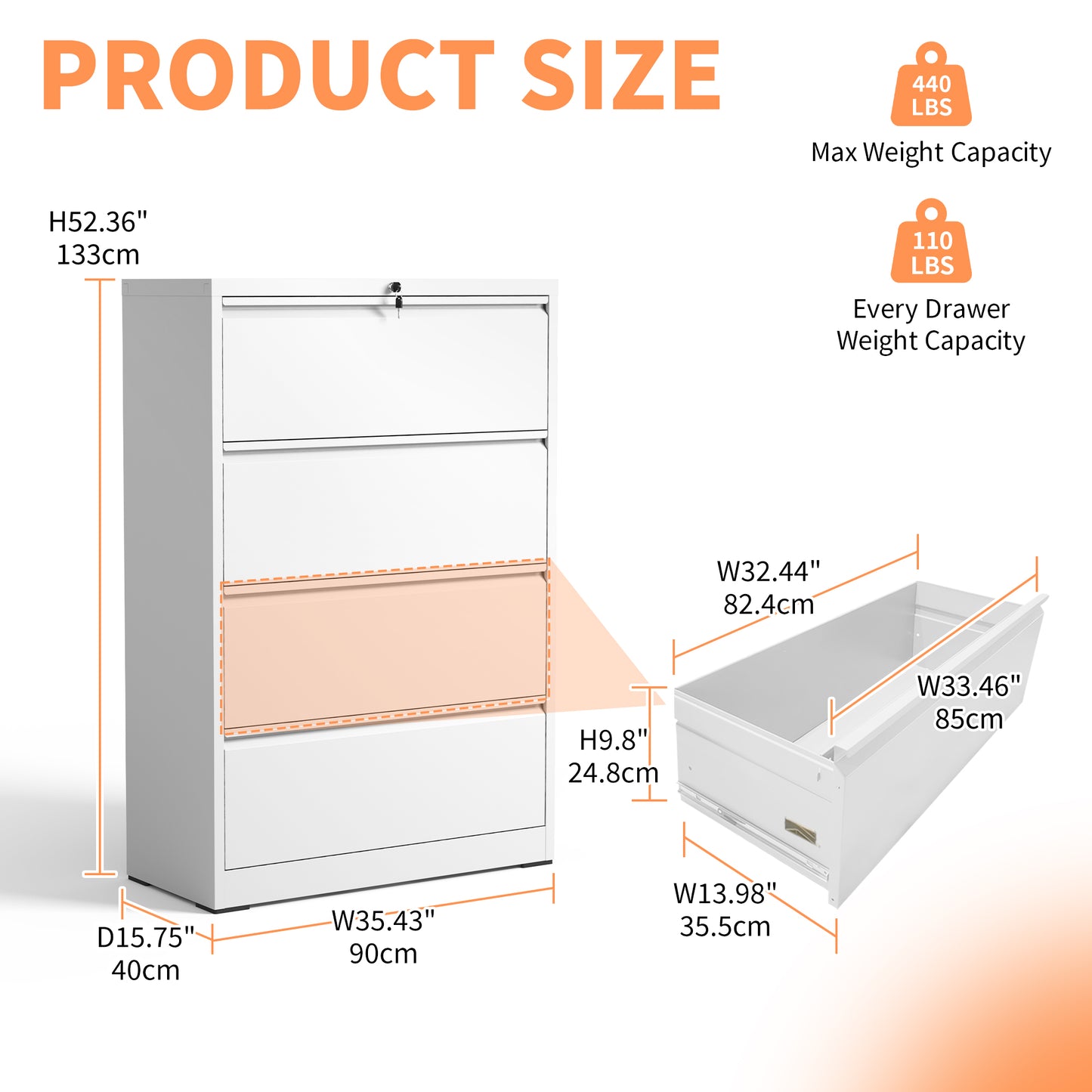 VIYET White 4-Drawer Lateral File Cabinet with Lock, Large Capacity Metal Filing Cabinet for Home Office, Fits Letter, Legal & A4 Files