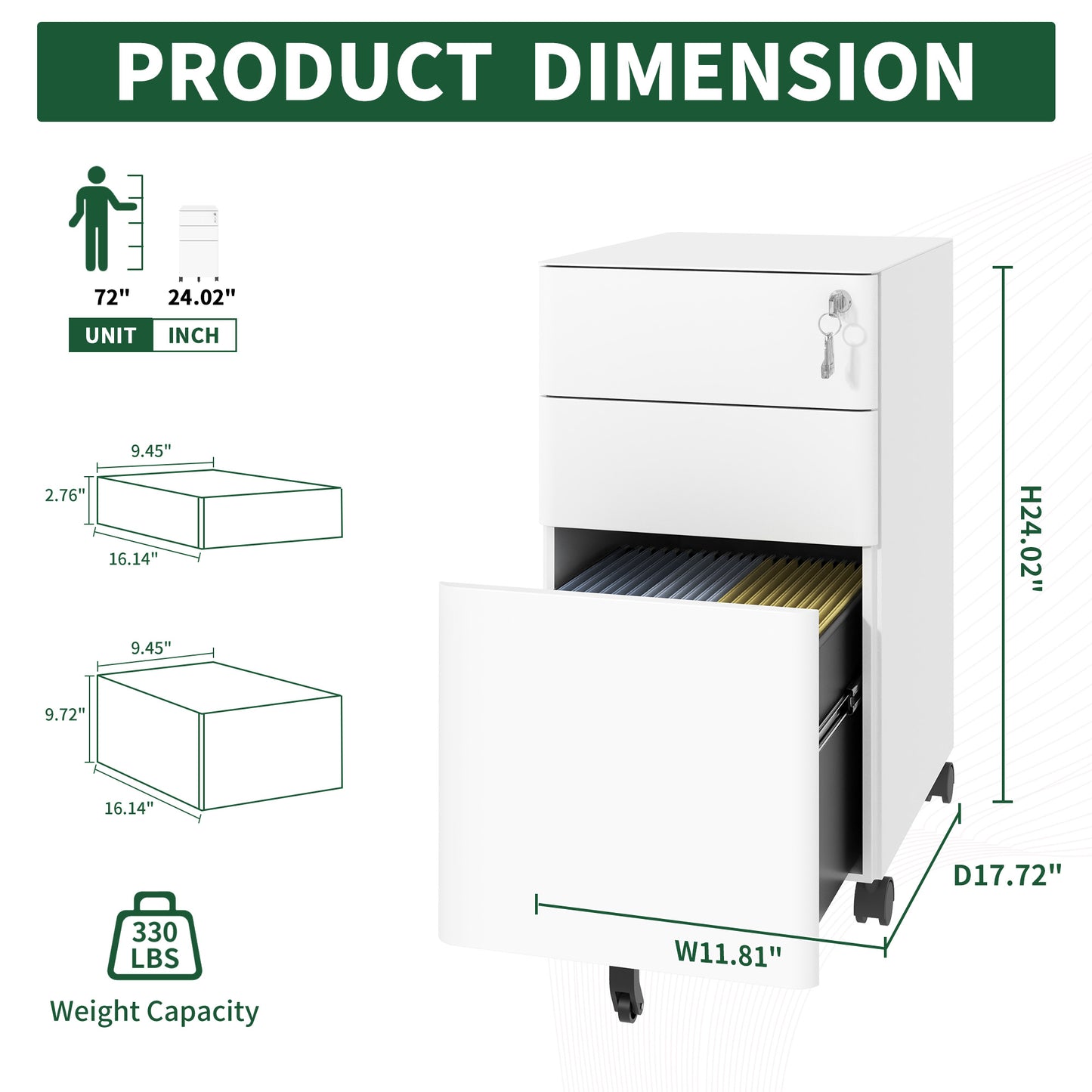 VIYET 3 Drawer Mobile File Cabinet with Lock, Steel Under Desk Rolling Filing Cabinet, Anti-Tip Design for Home Office