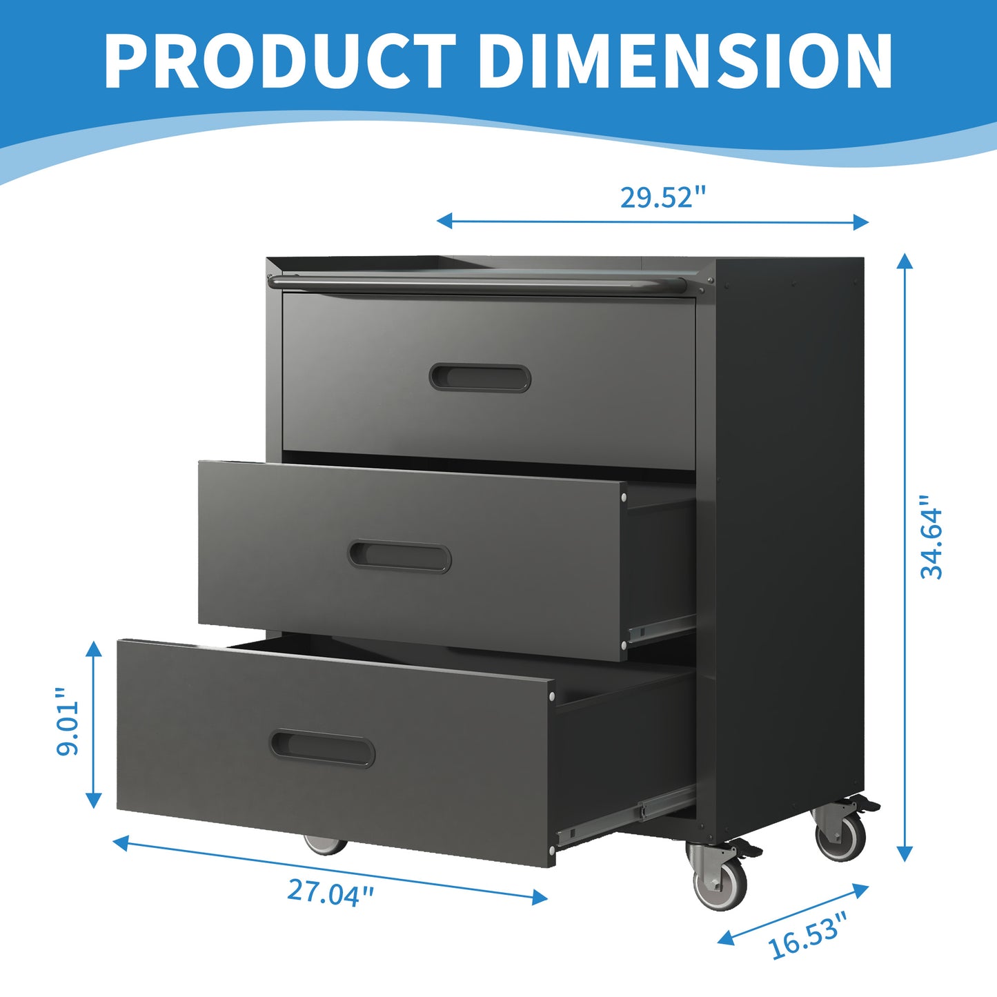 VIYET 35"H 3-Drawer Heavy-Duty Steel Storage Cabinet with Lockable Wheels, 200LBS Capacity for Garage/Office/Home Organizer (Black)