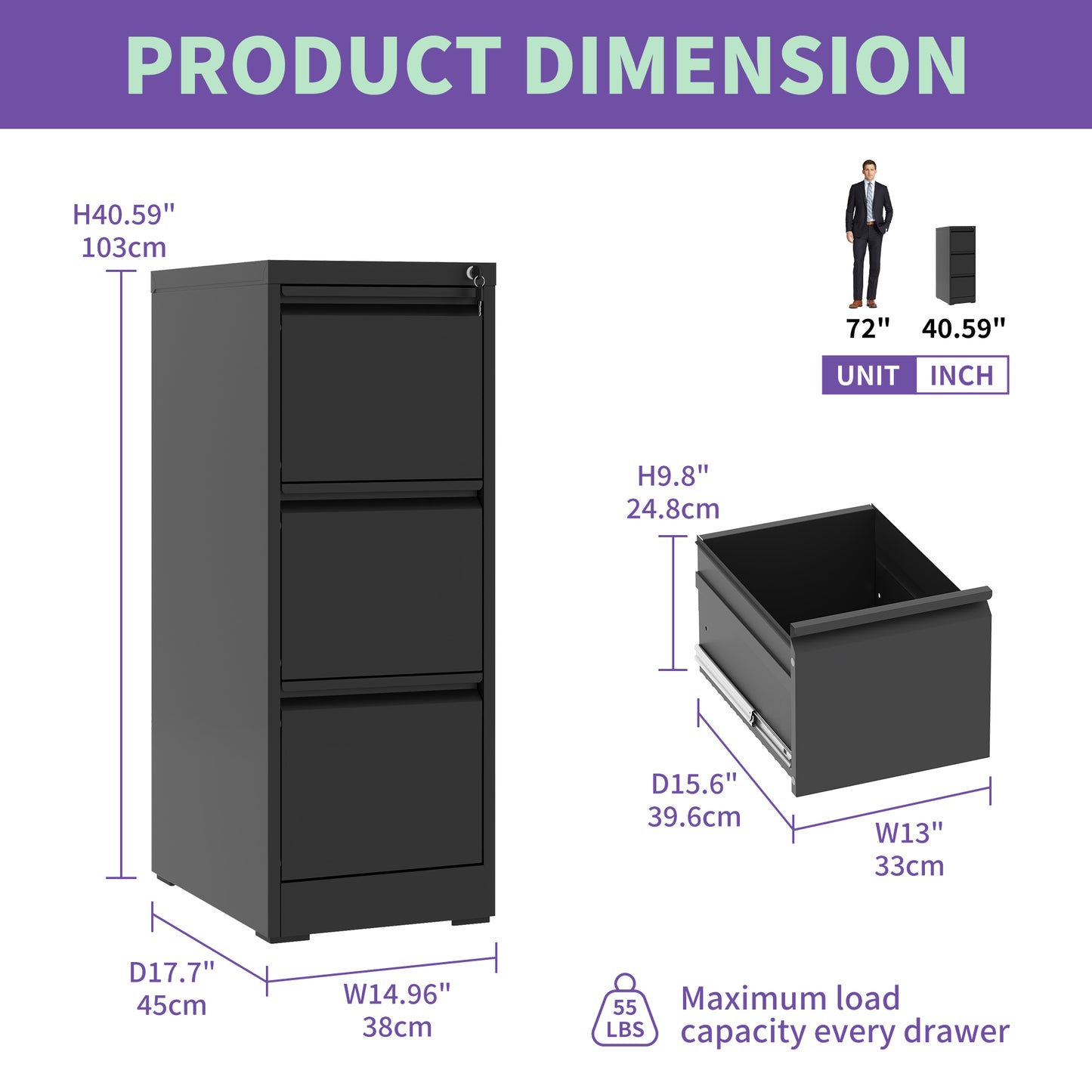 VIYET 40" Black Vertical 3-Drawer Metal File Cabinet with Lock, Tall Locking Filing Cabinet for Home Office, Fits Letter, Legal & A4 Files