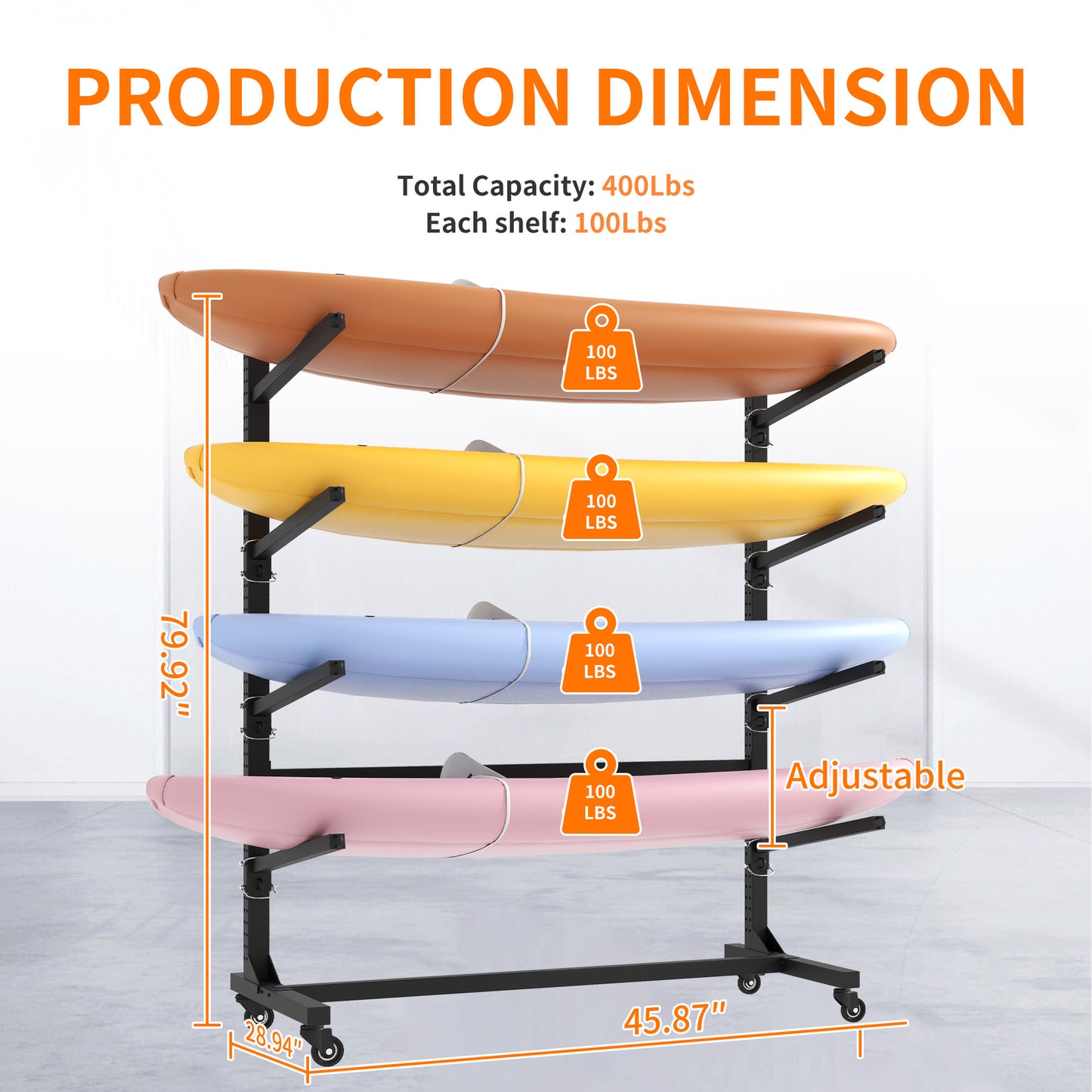 VIYET 80"H Freestanding Kayak Storage Rack, Heavy-Duty Adjustable Stand with Lockable Wheels, Holds 4 Kayaks/Canoe/SUP/Surfboard (Black)