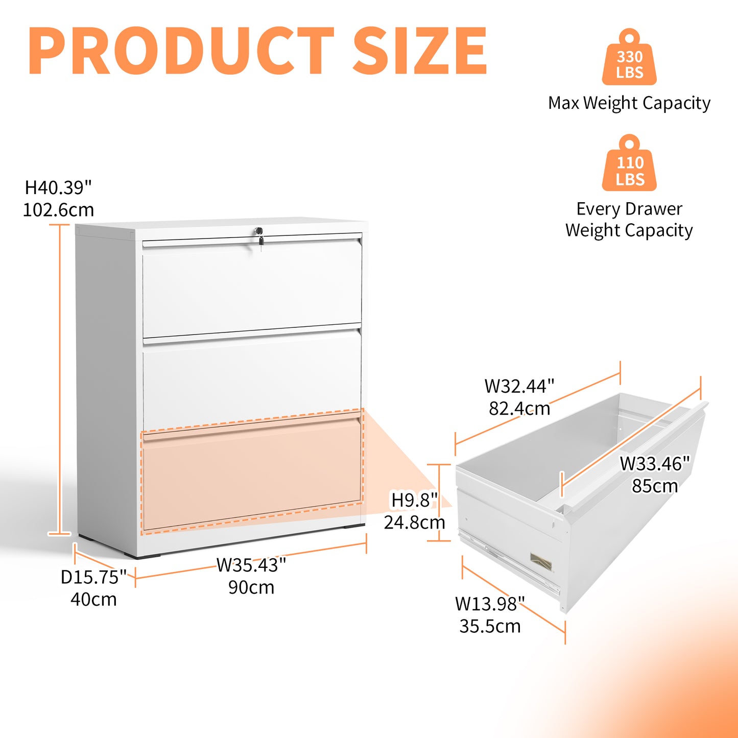 VIYET - 35"W 3-Drawer Lateral File Cabinet with Lock, Metal Filing Cabinet for Home Office, Fits Legal/Letter/A4/F4, White