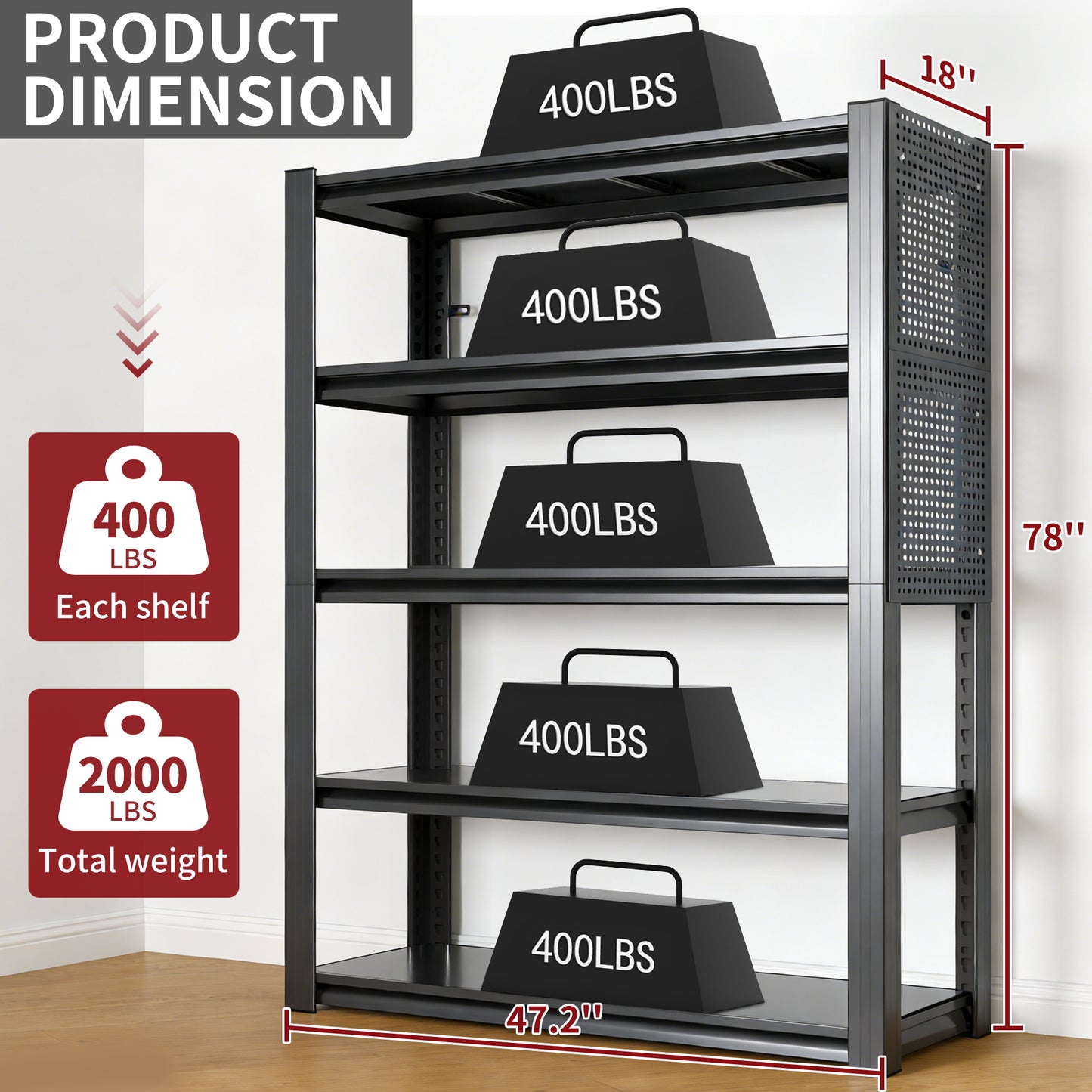 VIYET 78"H 5-Tier Heavy-Duty Metal Shelving with Pegboard- 2000LBS Total Capacity (400LBS/Shelf), Adjustable Multipurpose Storage Rack for Garage/Warehouse/Office/Kitchen - 47.2"W×18"D