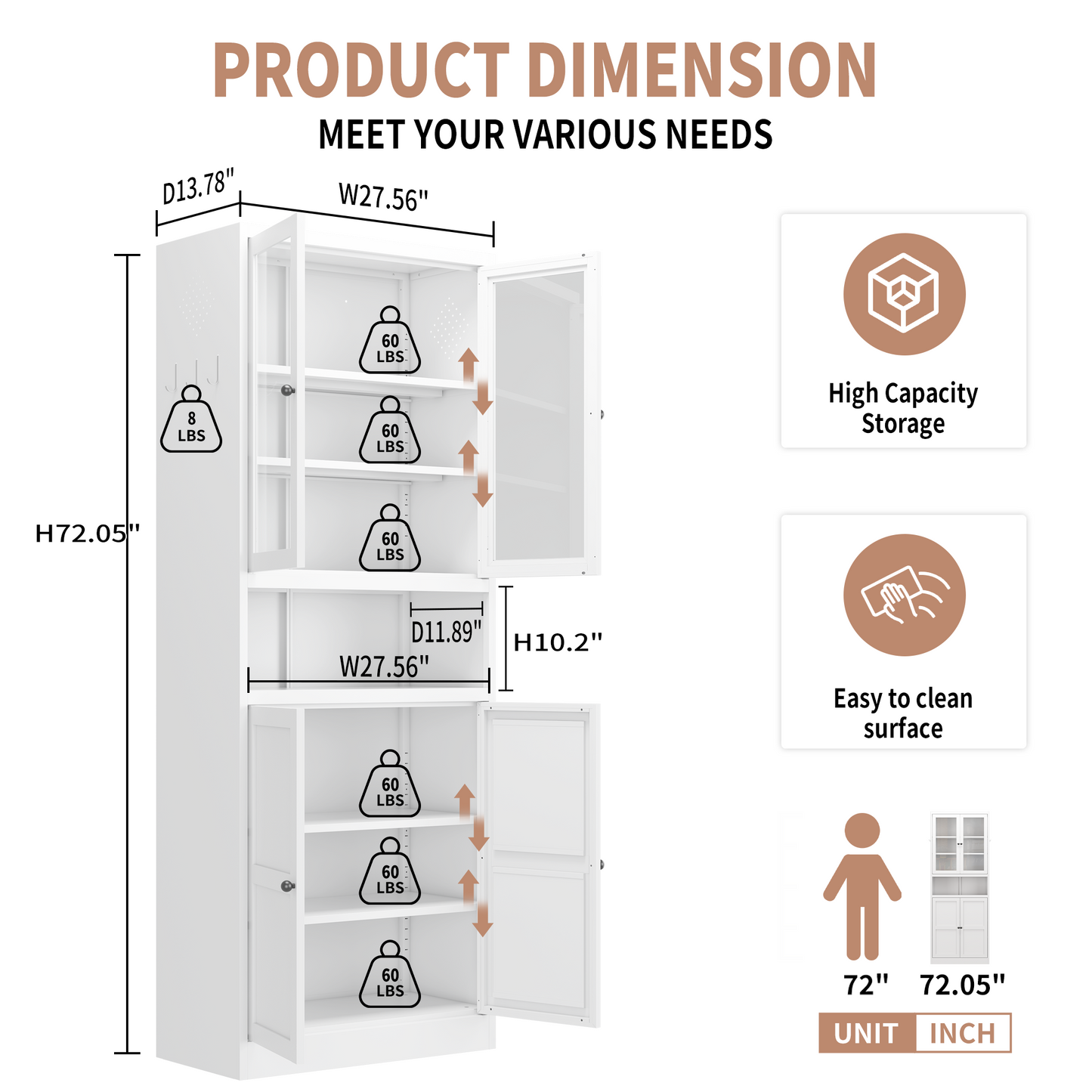 VIYET 72"H Heavy-Duty Metal Kitchen Pantry Cabinet,150LBS/Shelf,Adjustable Shelves+Glass Doors,Freestanding for Kitchen/Pantry/Bathroom(White)