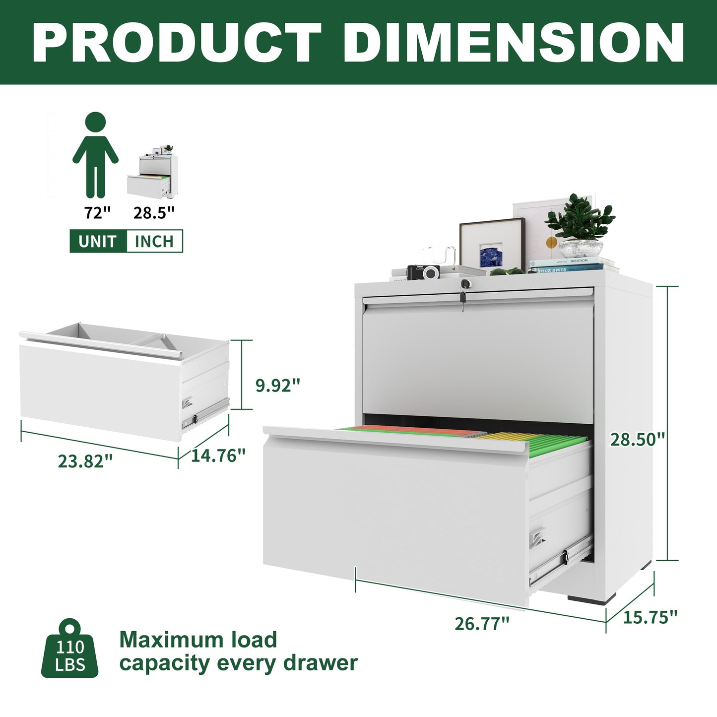 VIYET White 2 Drawer Lateral File Cabinet with Lock, Steel Filing Cabinet for Home Office, Fits Letter, Legal & A4 Files