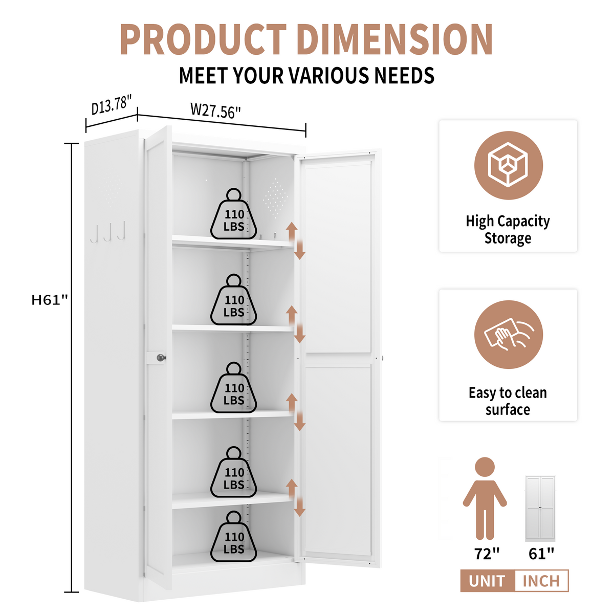 VIYET 61" Metal Pantry Cabinet, 4 Adjustable Shelves, Freestanding Kitchen Storage Cabinet, Slim Food Organizer for Kitchen, Dining Room