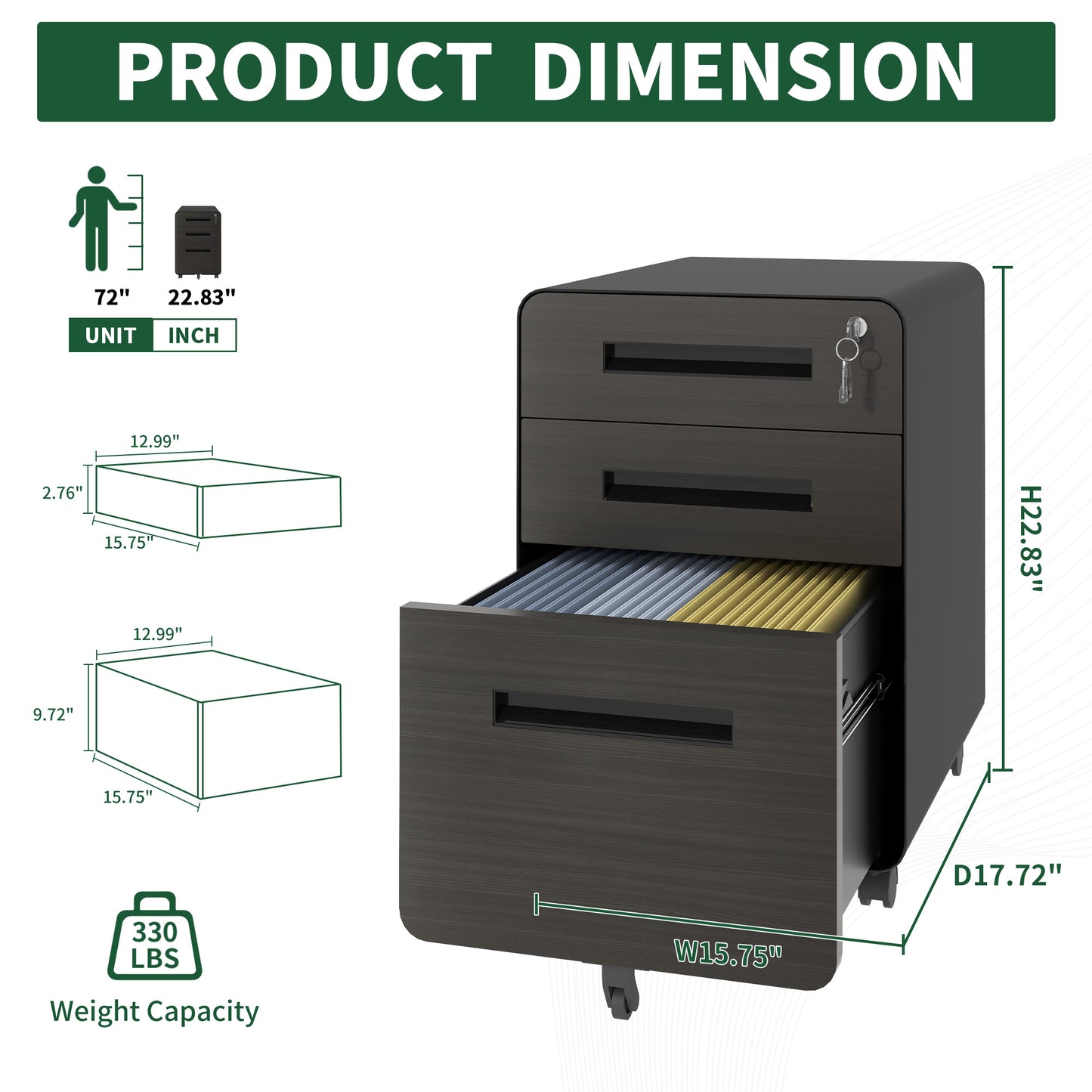 VIYET 23" 3-Drawer Mobile File Cabinet, Black Cold-Rolled Steel Lockable Under-Desk Cabinet (5-Wheel Anti-Tilting for A4/Legal/Letter Files)