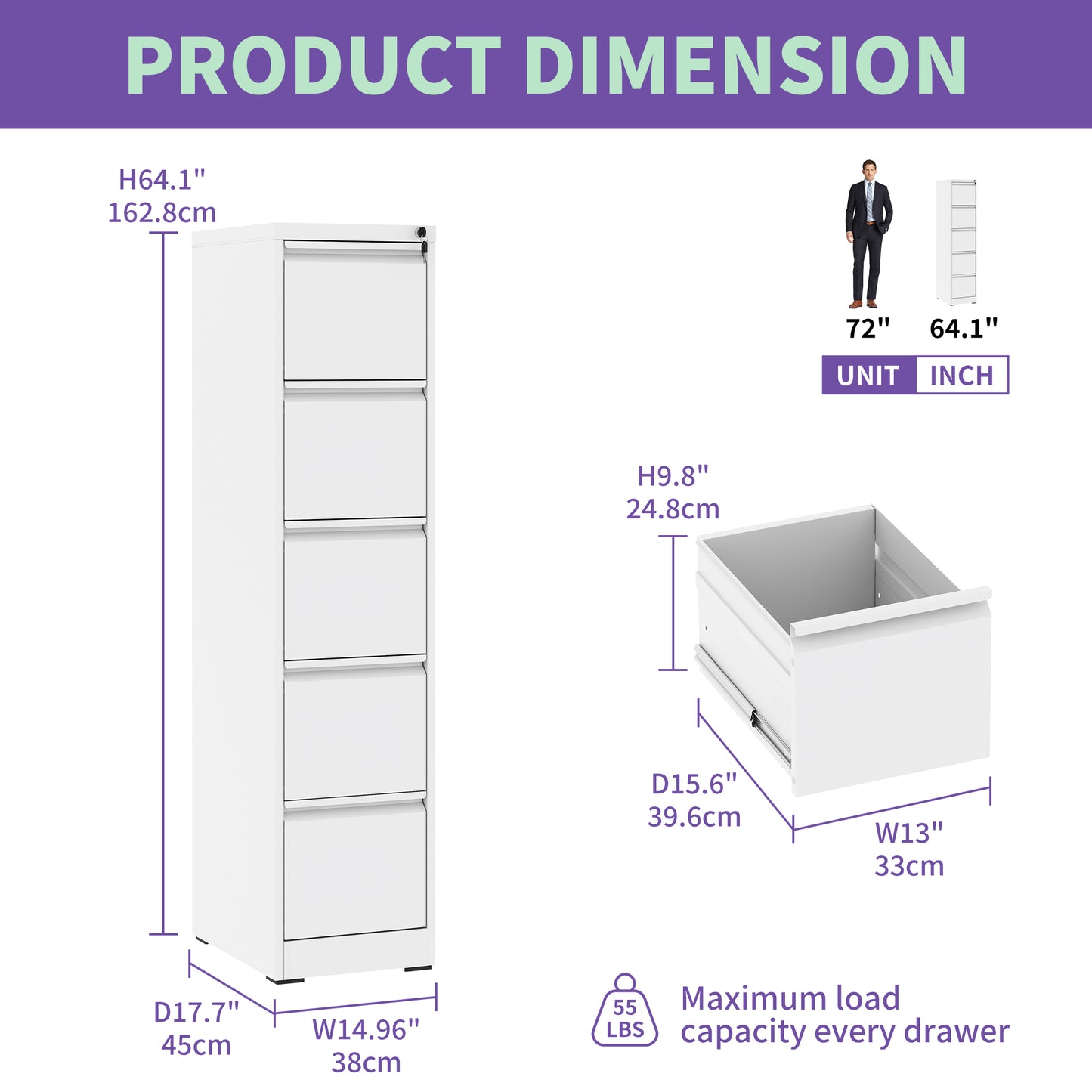 VIYET 64" 5-Drawer Metal Vertical File Cabinet with Lock, Tall Filing Cabinet for Home Office, Fits Letter, Legal & A4 Files