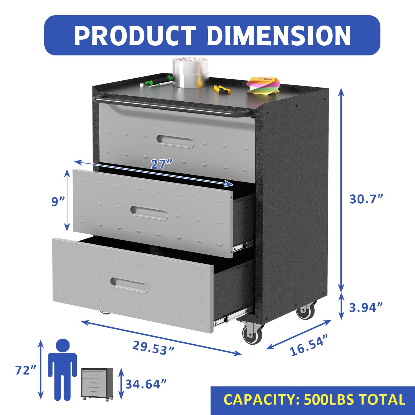 VIYET 35"H 3-Drawer Heavy-Duty Steel Storage Cabinet, Lockable Wheels,200LBS Capacity, Garage/Office/Home, Black+Gray