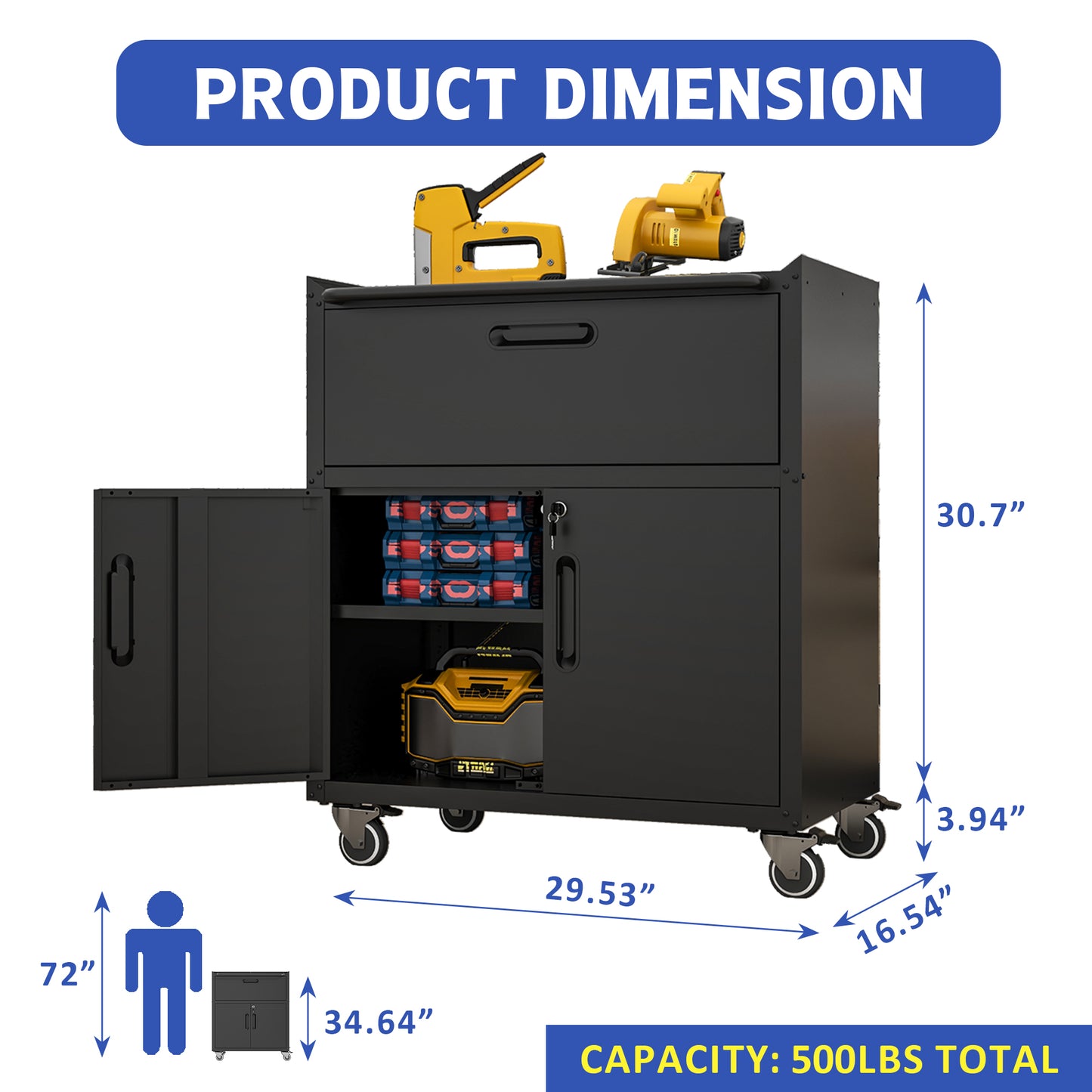 VIYET 35"H Heavy-Duty Mobile Steel Tool Cabinet, 360° Lockable Casters, 3-Sided Top Fence, Garage/Home/Office/Workshop, Black+Gray