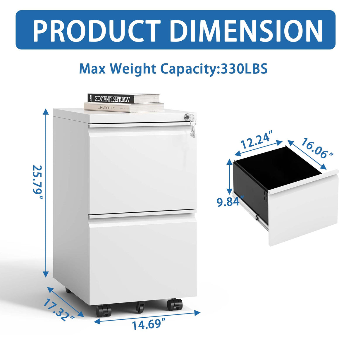 VIYET 2 Drawer Mobile File Cabinet, Rolling Filing Cabinet with Lock, 5 Casters, Fully Assembled, Fits Legal, Letter & A4 Files