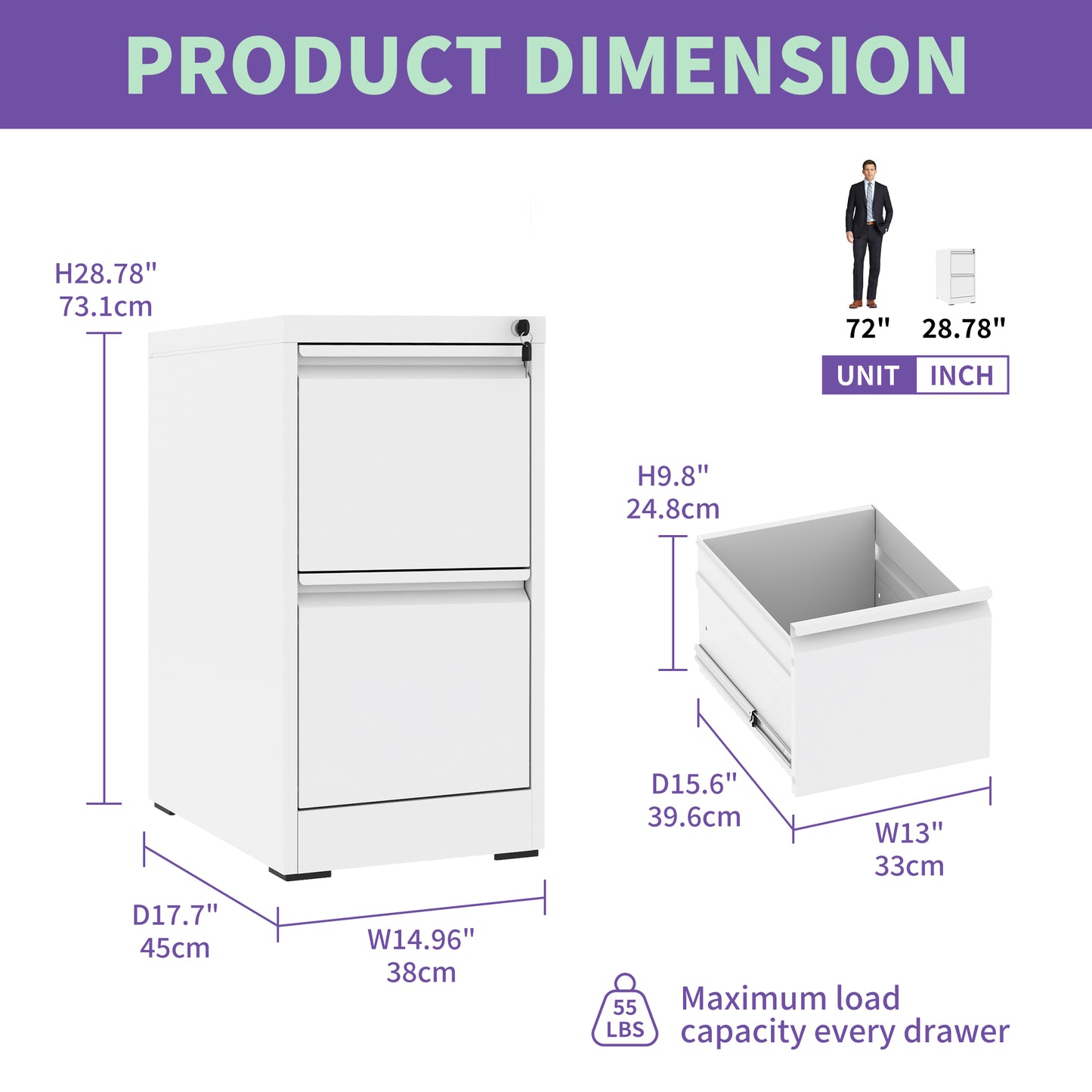 VIYET 28"H 2-Drawer Metal Vertical File Cabinet with Lock,Steel Filing Cabinet for Home Office, Fits A4/Legal/Letter Size