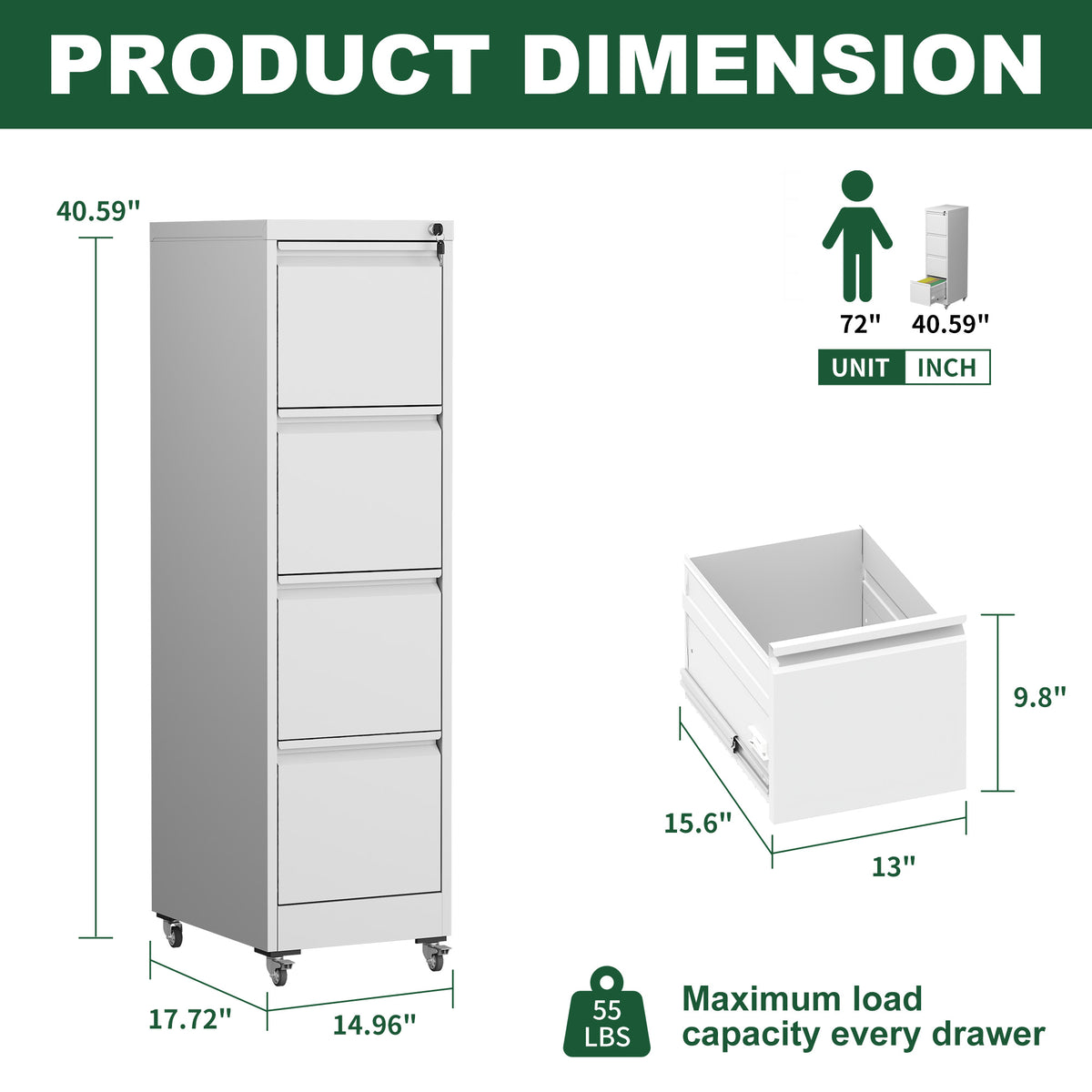 VIYET 4 Drawer Vertical File Cabinet, Metal Locking Filing Cabinet with Wheels, Legal & Letter File Storage, Anti-Tip Office Cabinet