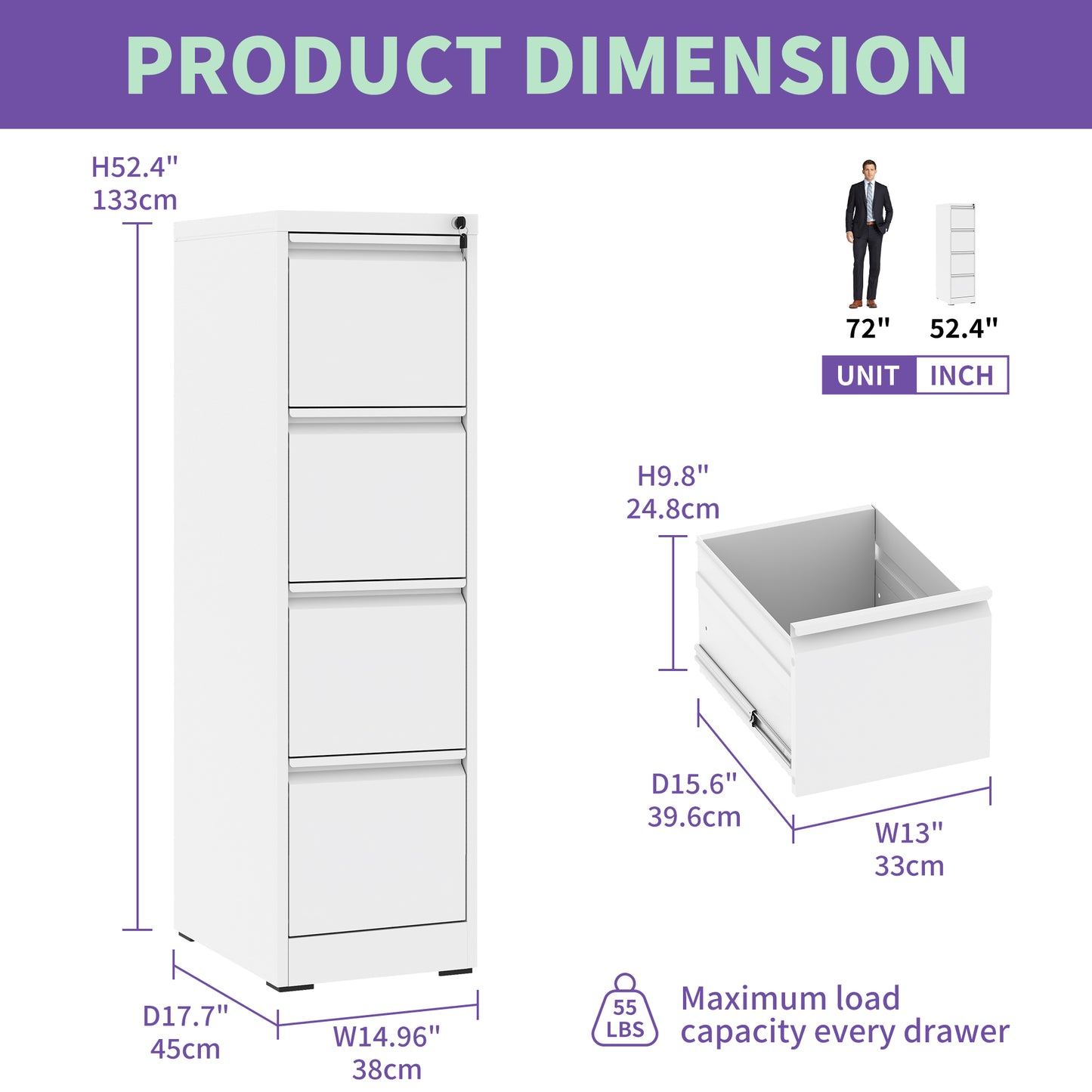 VIYET 52" 4-Drawer Metal Vertical File Cabinet with Lock, Tall Slim Locking Filing Cabinet for Home Office, Fits Letter, Legal & A4 Files