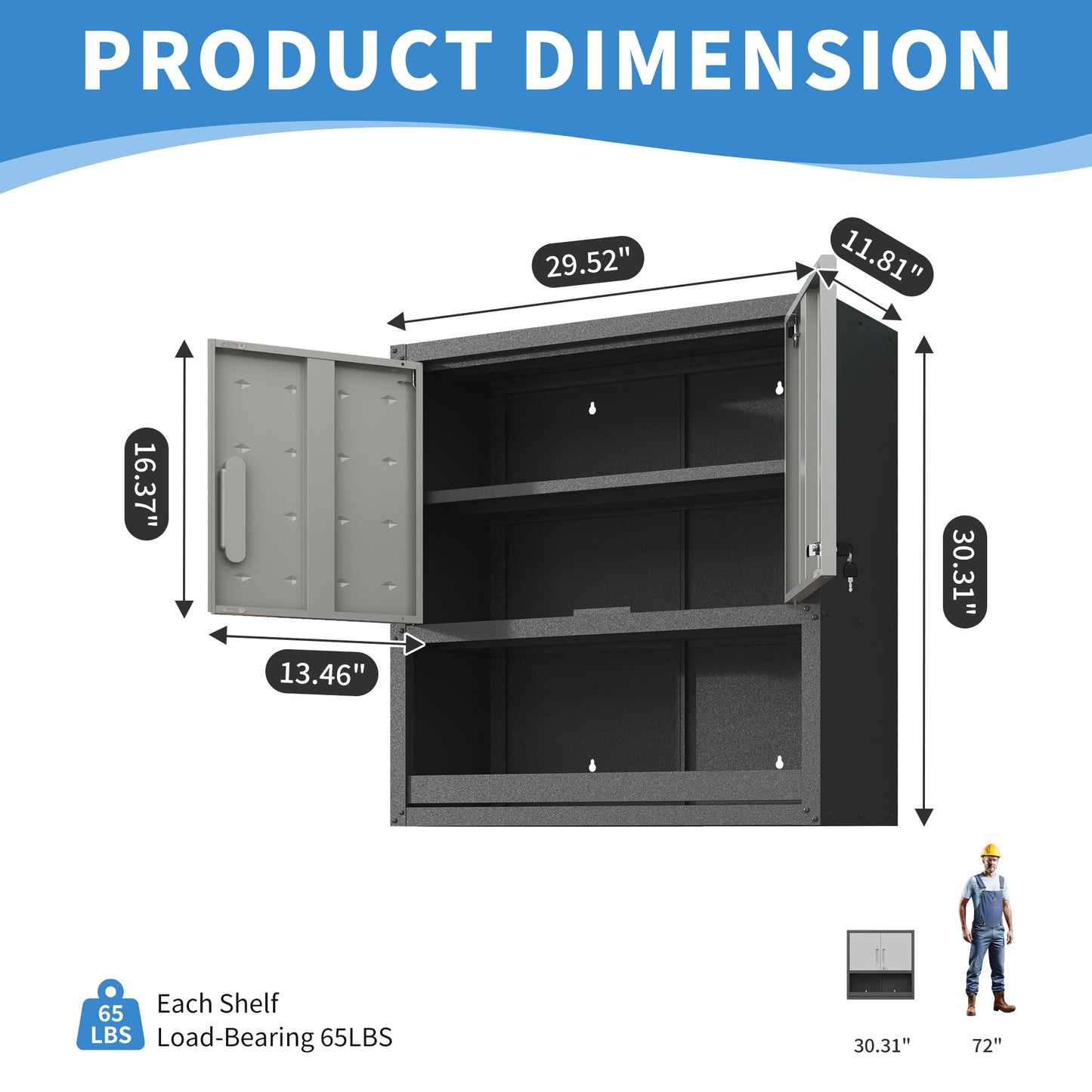 VIYET 30"H Wall-Mounted Steel Cabinet, Locking Doors, Open Drawer & Adjustable Shelf, Rust-Resistant Cold-Rolled Steel, Garage/Office/Warehouse/Home/School