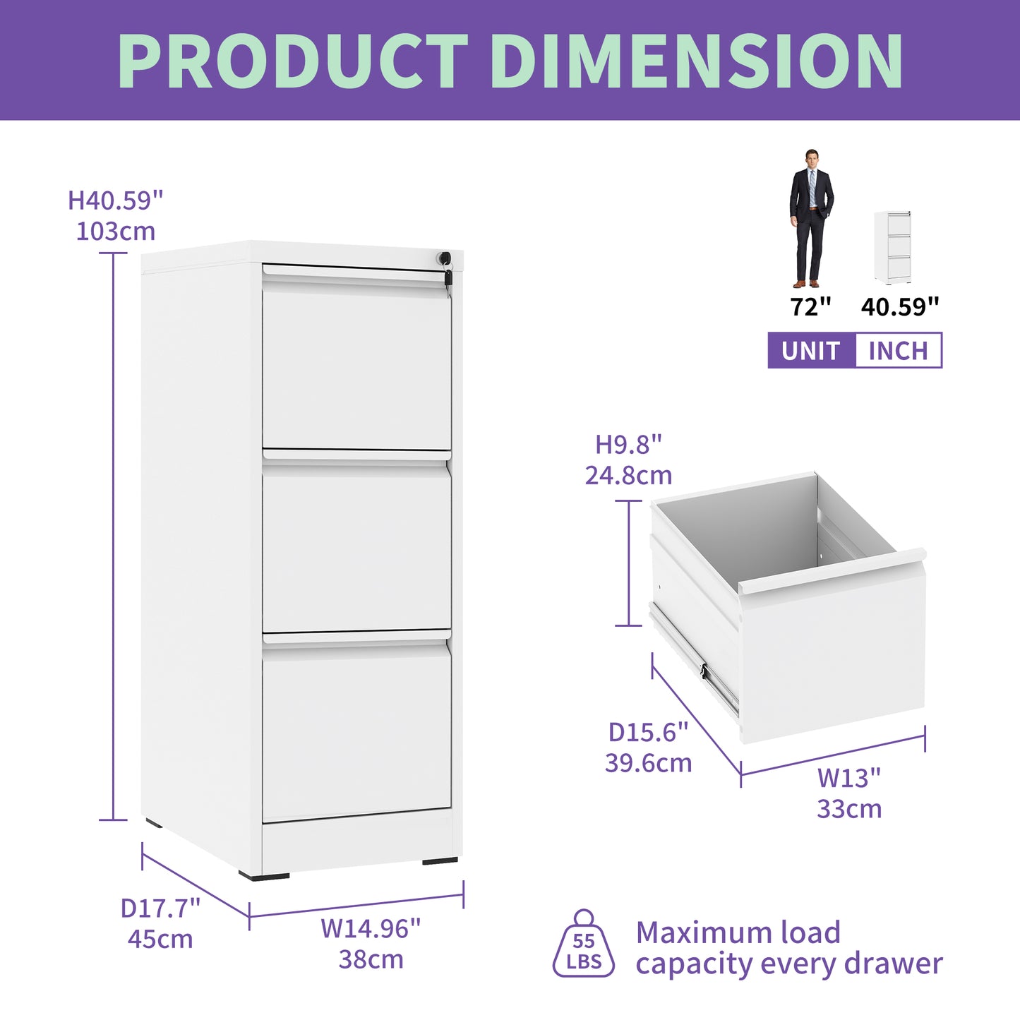 VIYET 40" Vertical 3-Drawer Metal File Cabinet Series with Lock, Tall Locking Filing Cabinets for Home Office, Fits Letter, Legal & A4