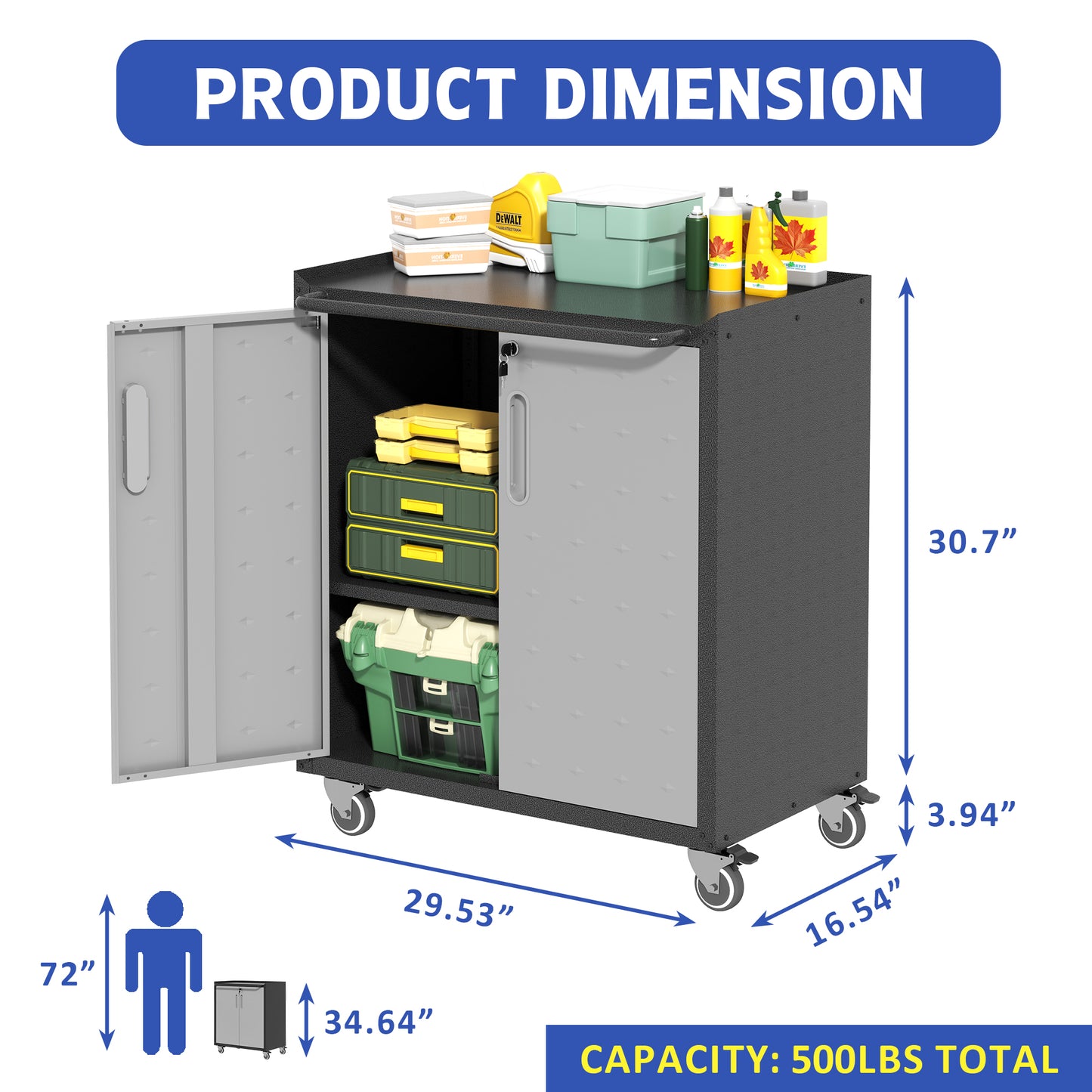 VIYET 31"H Heavy-Duty Mobile Steel Cabinet,Lockable (2 Keys)+Adjustable Shelf,360° Silent Casters, DIY Worktop, Garage/Home/Office/Kitchen