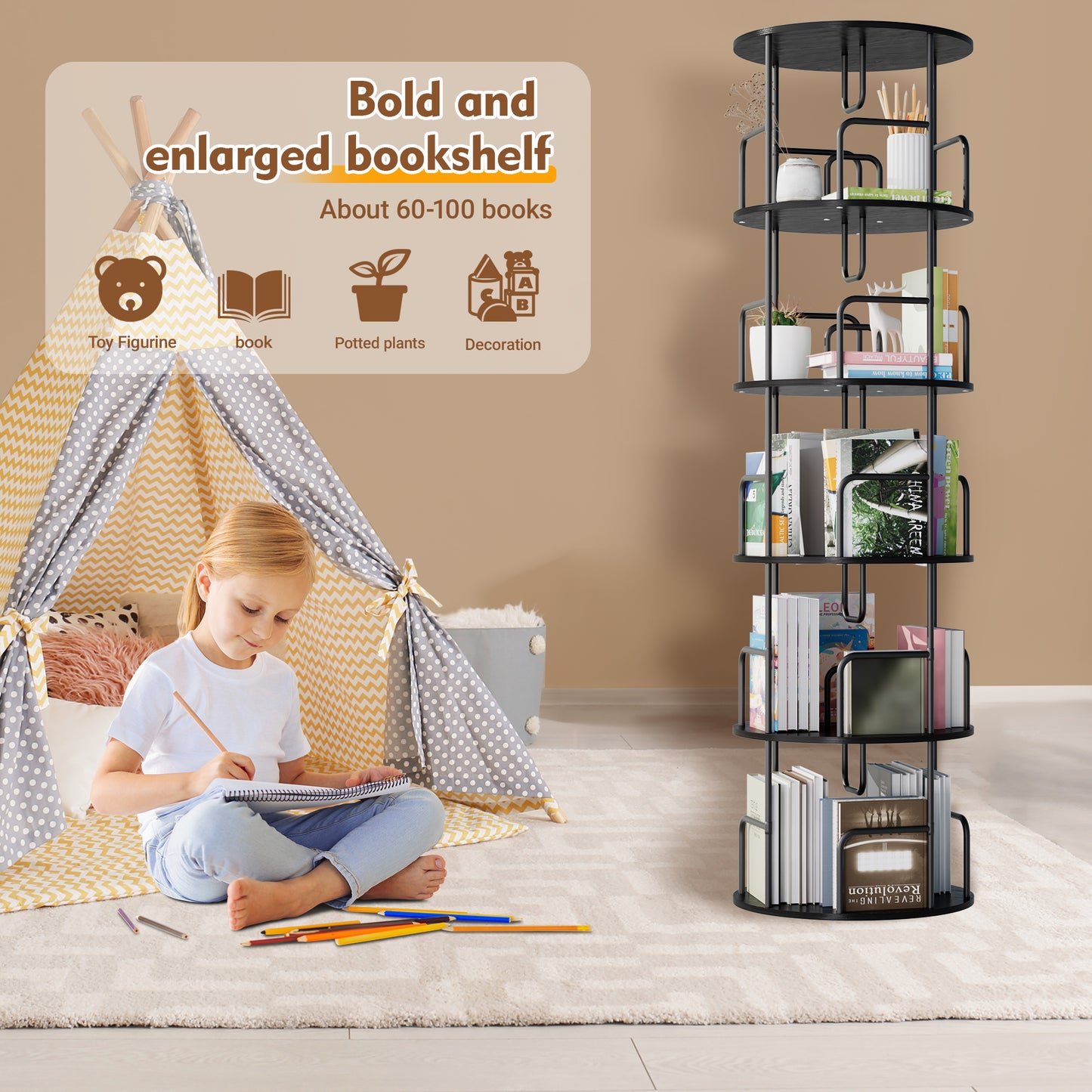 VIYET 62" 5-Tier 360° Rotating Bookshelf Tower, Black MDF+Iron Narrow Tall Spinning Bookcase (Space-Saving Storage Organizer)