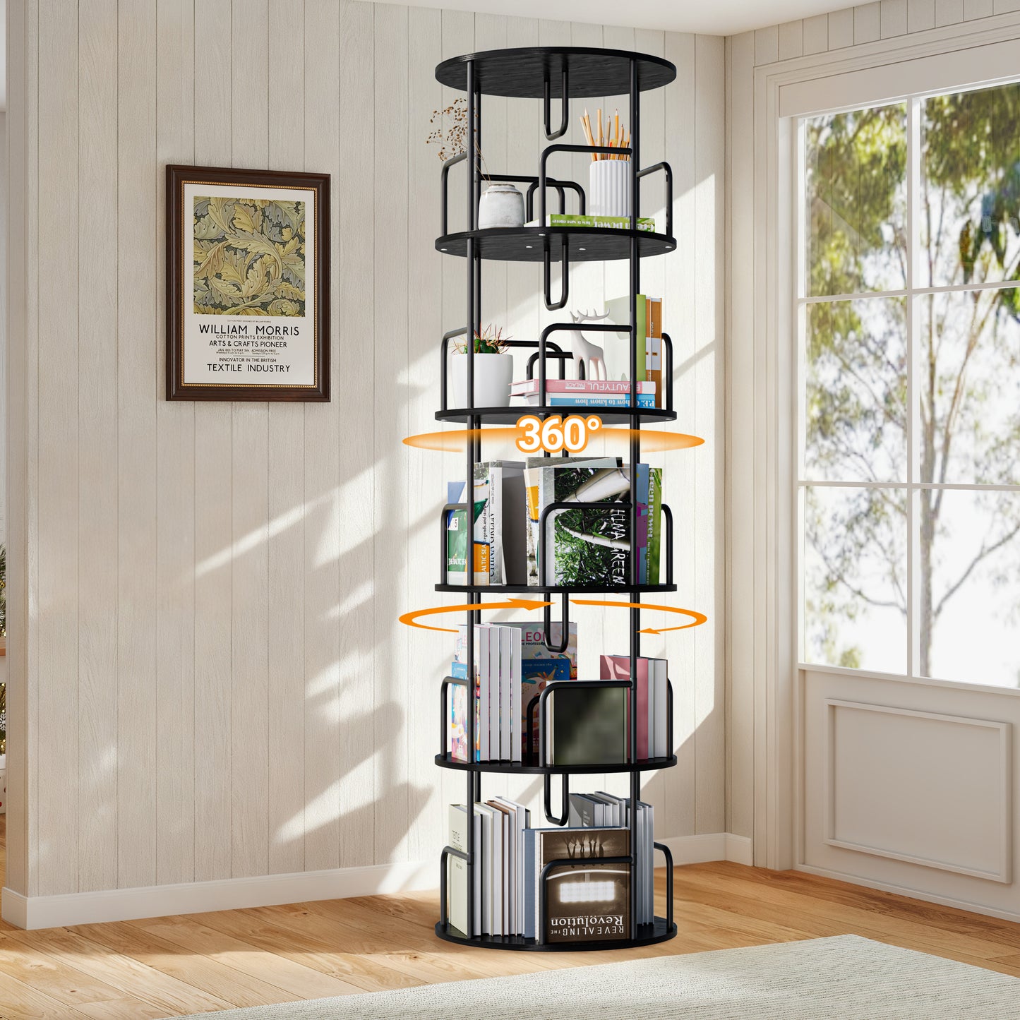 VIYET 62" 5-Tier 360° Rotating Bookshelf Tower, Black MDF+Iron Narrow Tall Spinning Bookcase (Space-Saving Storage Organizer)