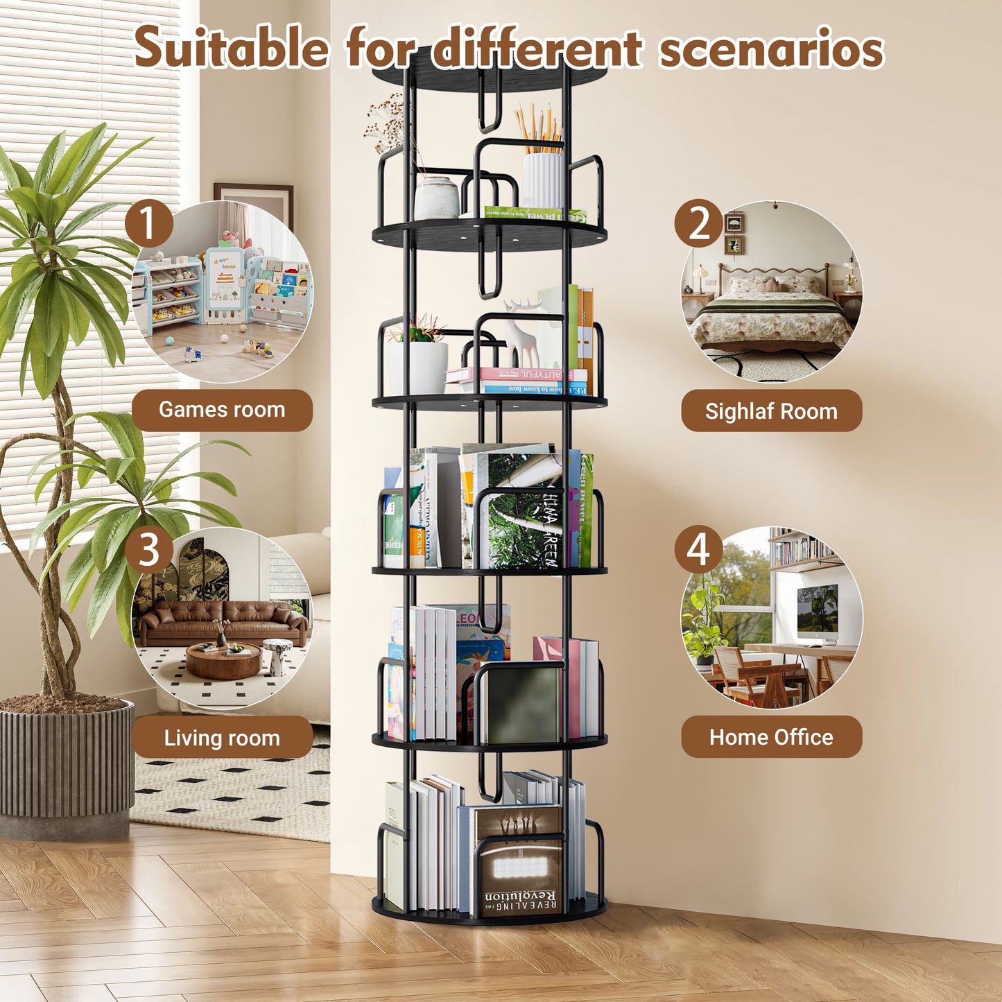 VIYET 62" 5-Tier 360° Rotating Bookshelf Tower, Black MDF+Iron Narrow Tall Spinning Bookcase (Space-Saving Storage Organizer)
