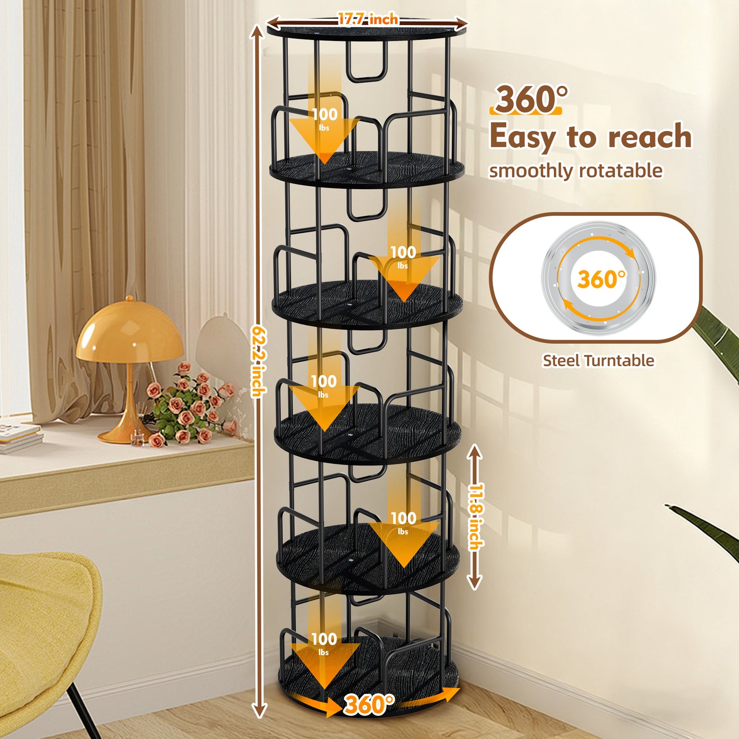 VIYET 62" 5-Tier 360° Rotating Bookshelf Tower, Black MDF+Iron Narrow Tall Spinning Bookcase (Space-Saving Storage Organizer)