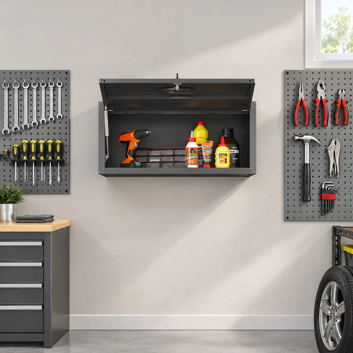 VIYET Wall Mounted Garage Cabinet, Lockable Metal Tool Storage Cabinet with Lift-Up Door, 120 Lbs Capacity, Steel Workshop Organizer