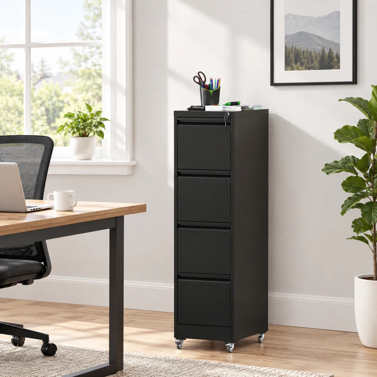 VIYET 4 Drawer Vertical File Cabinet, Metal Locking Filing Cabinet with Wheels, Legal & Letter File Storage, Anti-Tip Office Cabinet