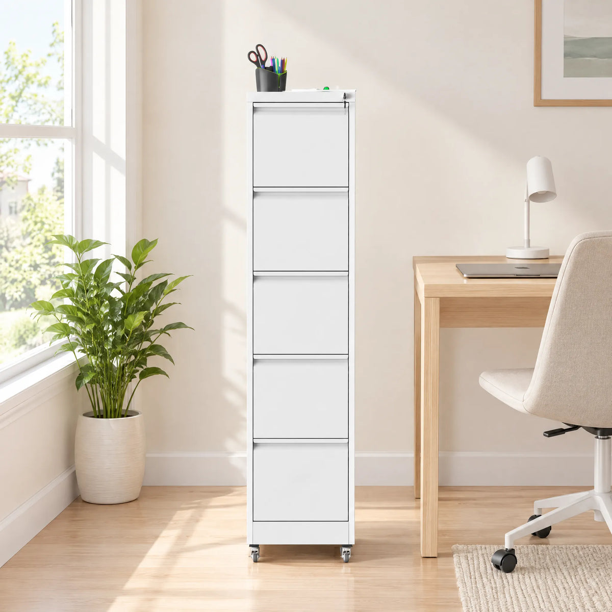 VIYET 5 Drawer Vertical File Cabinet, Metal Rolling Filing Cabinet with Lock, Fits A4, Letter & Legal Files, Home Office Storage