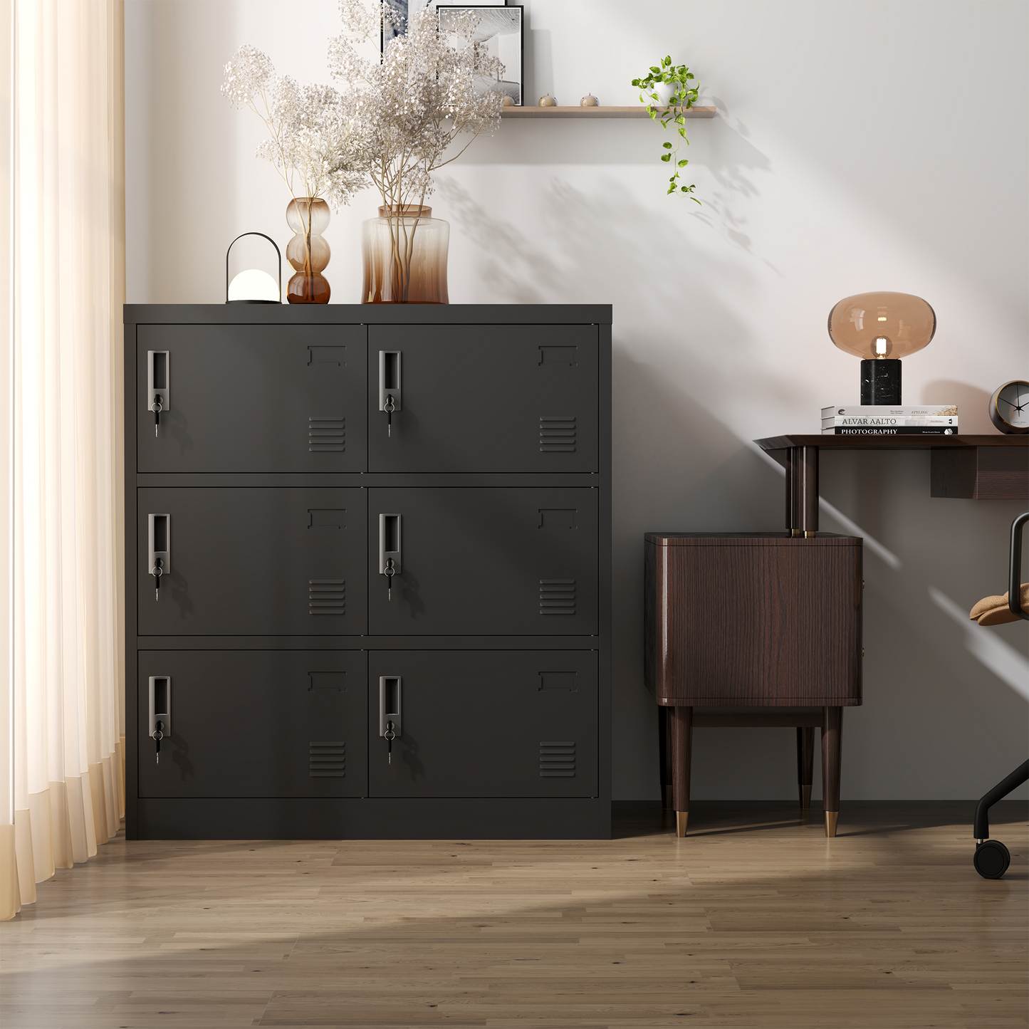 VIYET 6-Door Metal Storage Locker with Lock and Card Slot, Freestanding Office, Gym, School & Home Storage Cabinet, Durable Black Steel