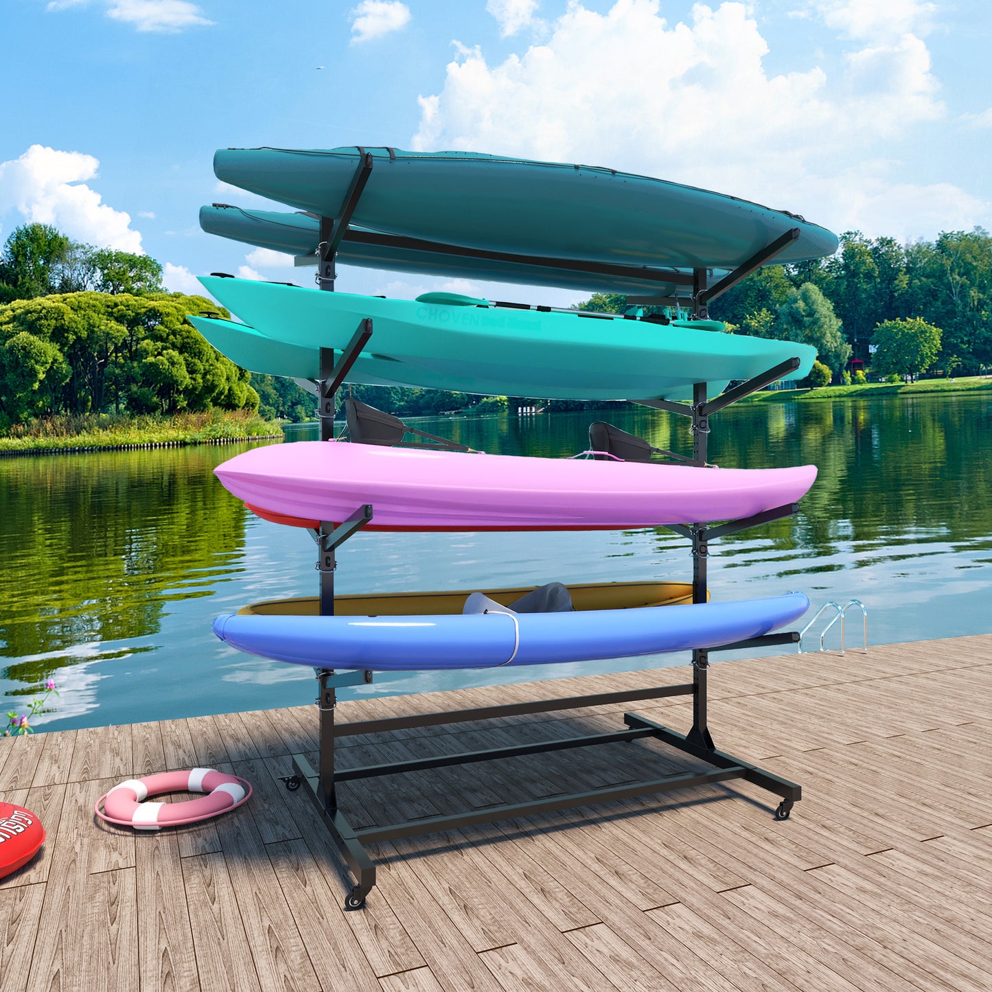 VIYET 80"H 8-Kayak Heavy-Duty Freestanding Storage Rack,Adjustable Metal Stand with Wheels,800LBS Capacity for Garage/Indoor/Outdoor(Black)