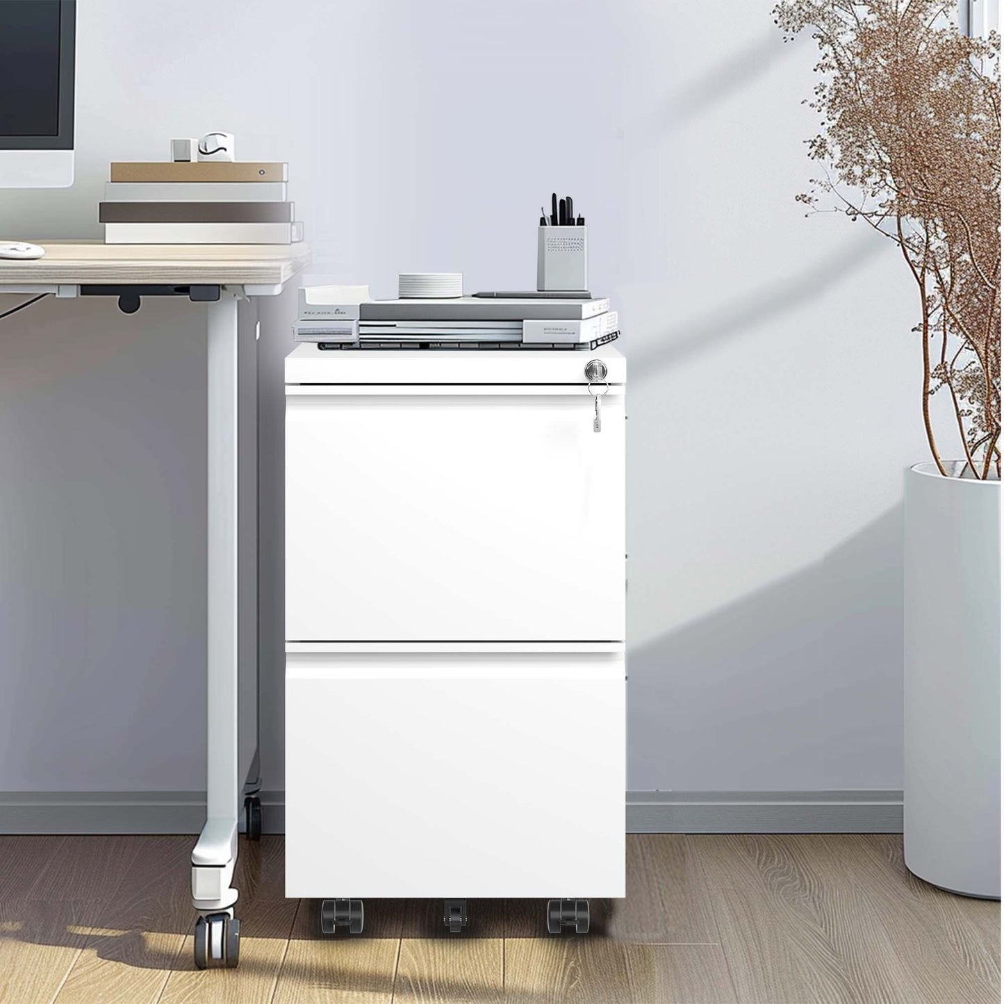 VIYET 2-Drawer Mobile Metal File Cabinet in Antique White with Lock, Rolling Office Storage for Letter, Legal & A4 Hanging Files, Fully Assembled
