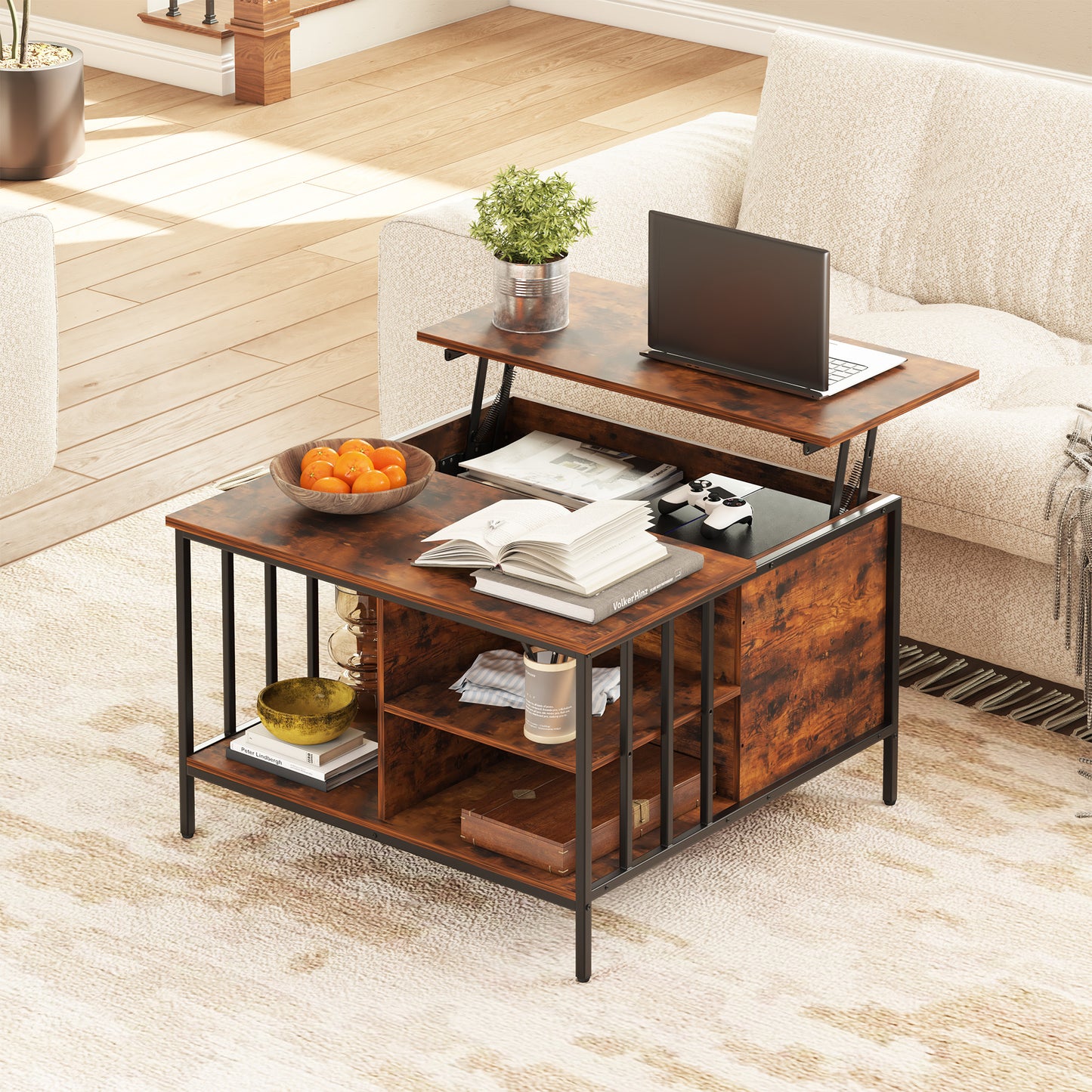 VIYET 32"H Farmhouse Lift Top Coffee Table,Adjustable Height(20.3"-25.6")with Hidden Compartment&3 Shelves,110LBS Capacity for Living Room(Black+Brown)