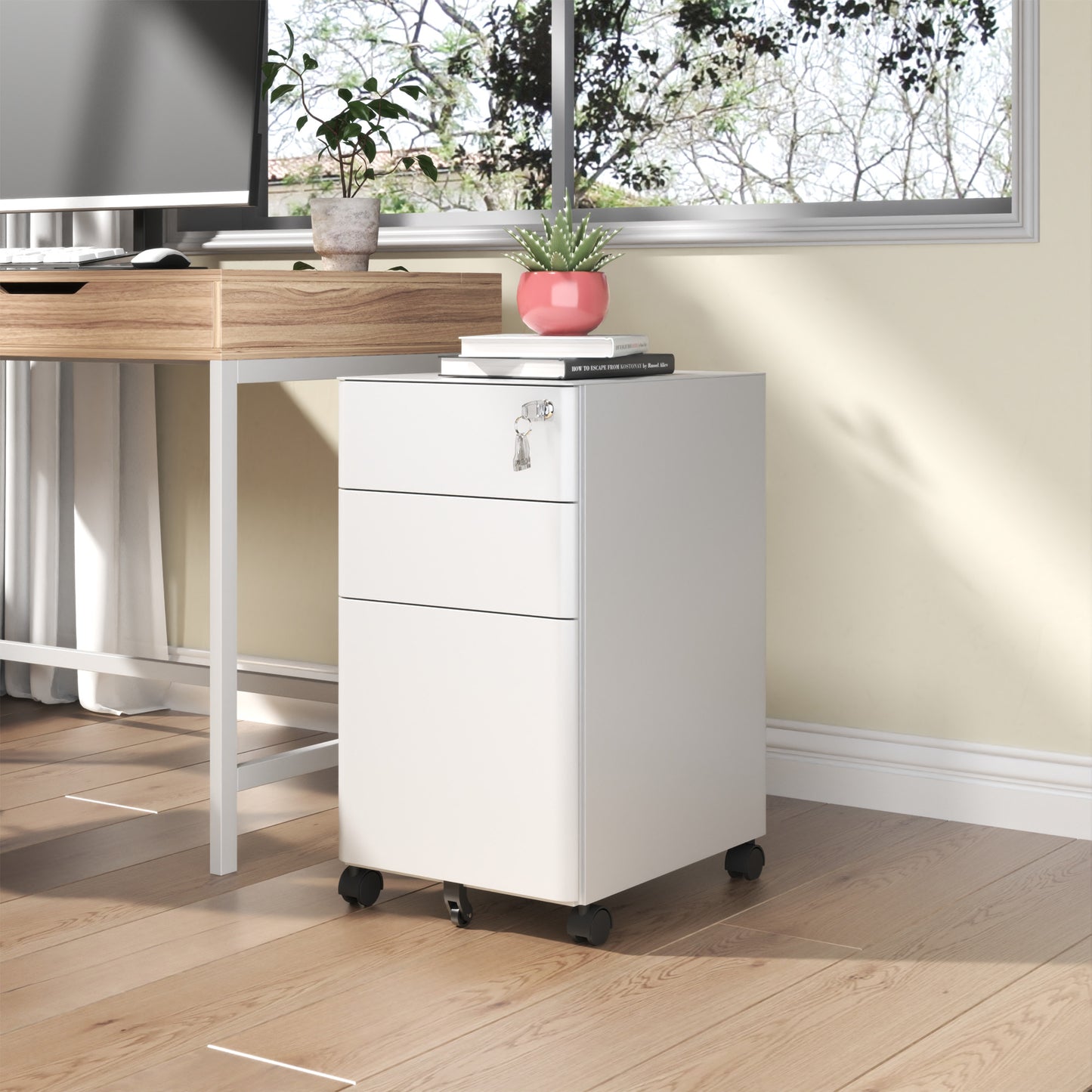 VIYET 3 Drawer Mobile File Cabinet with Lock, Steel Under Desk Rolling Filing Cabinet, Anti-Tip Design for Home Office