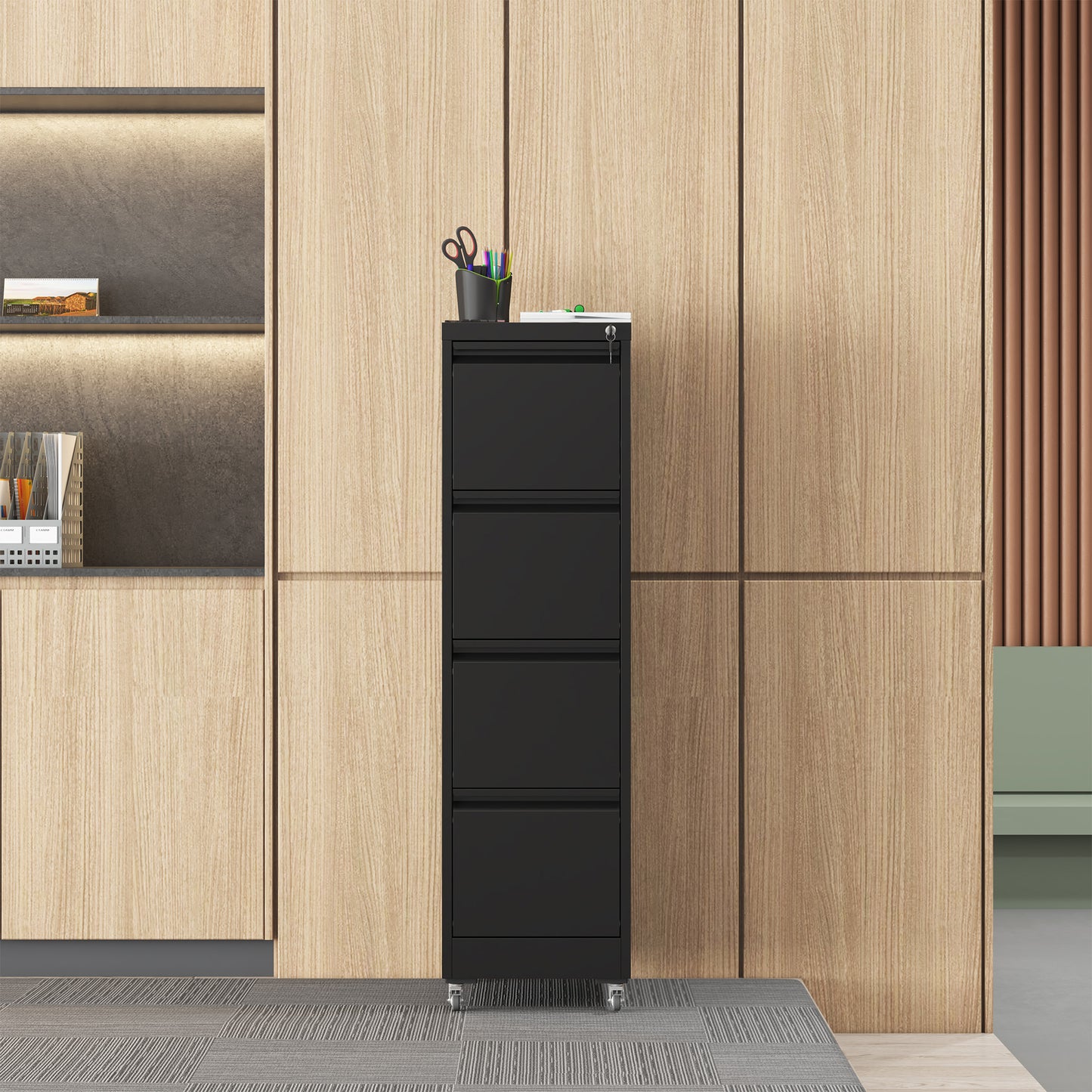 VIYET 52"H 4-Drawer Locking Vertical File Cabinet on Wheels, Black Heavy-Duty Metal Cabinet for Home/Office, Fits Legal/Letter