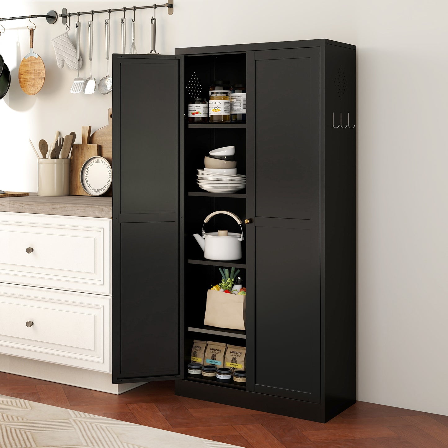 VIYET 61" Black Metal Kitchen Pantry Cabinet, 4 Adjustable Shelves 110lb Capacity, Heavy Duty Freestanding Organizer