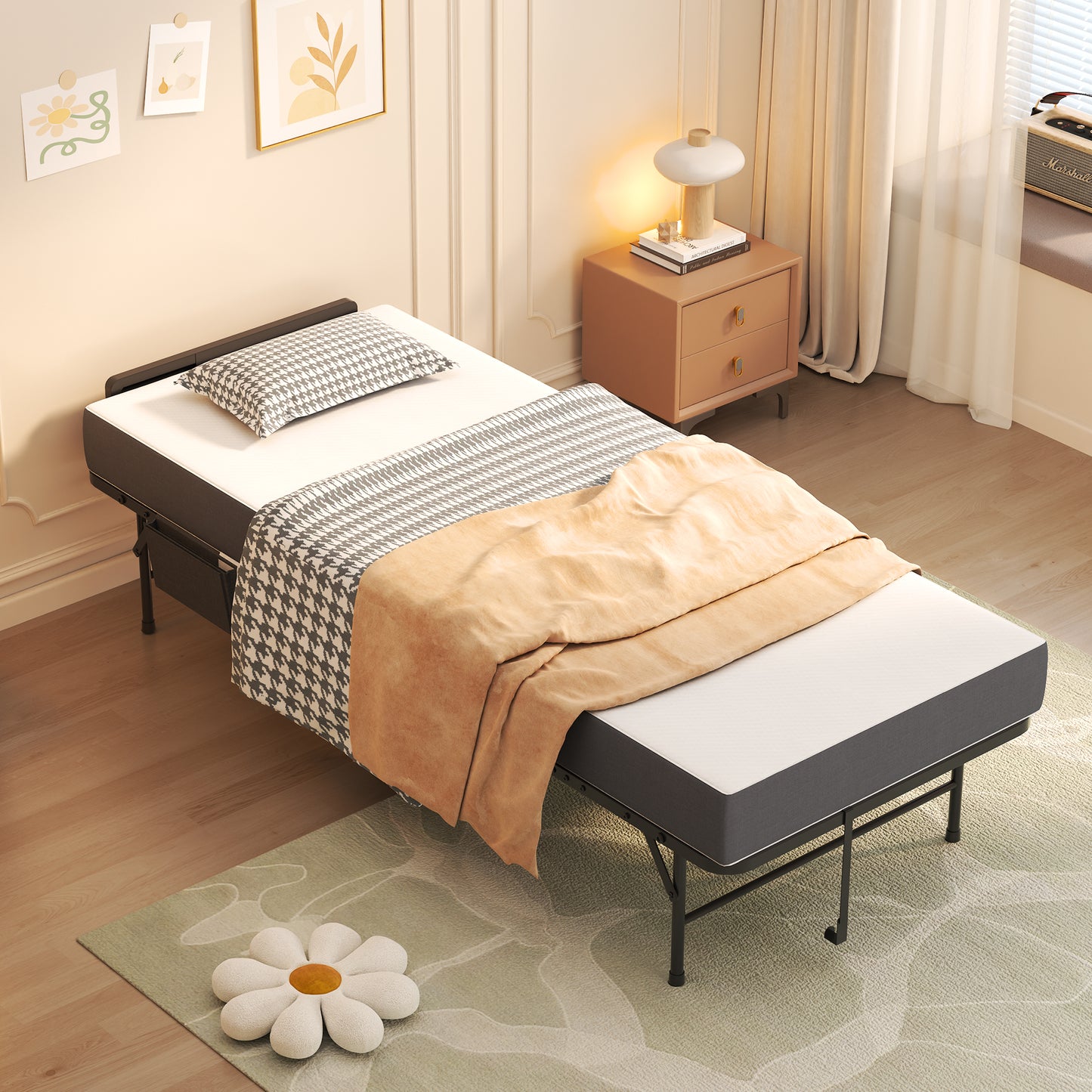 VIYET 75" Folding Rollaway Guest Bed with Adjustable Headboard, 5" Memory Foam Mattress, 450LBS Metal Frame Portable Twin Cot on Wheels