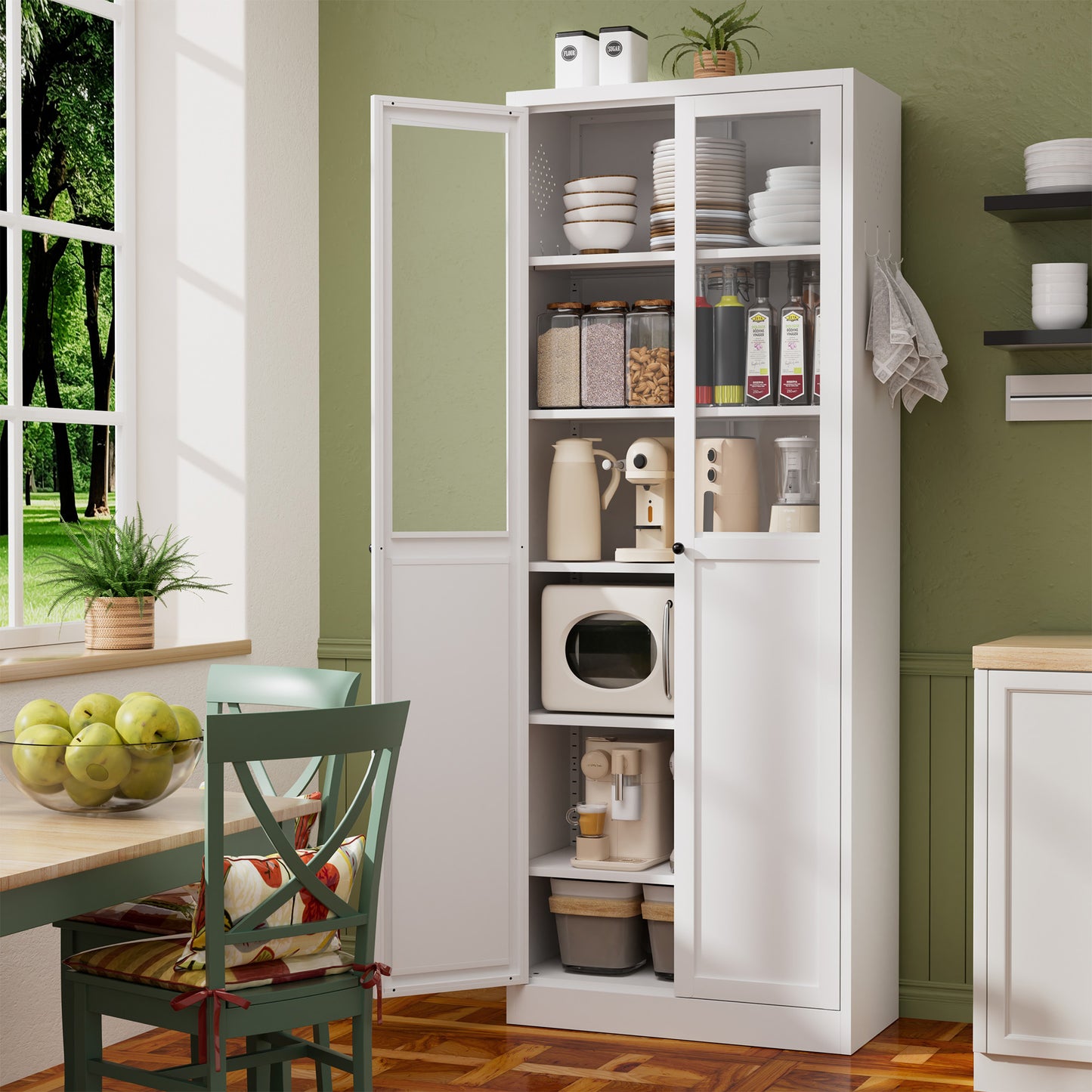 VIYET 72" Glass Door Metal Pantry Cabinet, White Kitchen Storage Cabinet with 5 Adjustable Shelves, Freestanding Display Cabinet