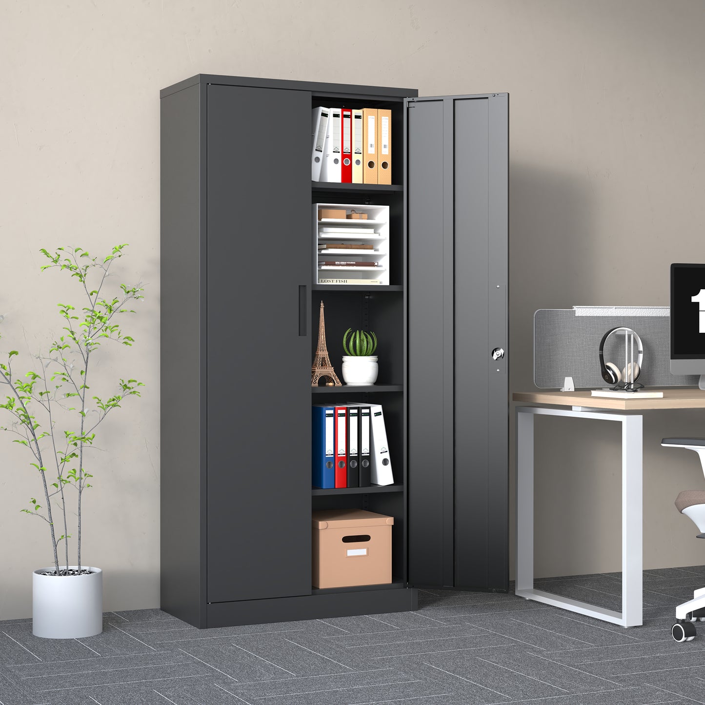 VIYET 72"H Metal Garage Storage Cabinet, Black Lockable Steel Cabinet with 4 Adjustable Shelves & Doors for Home Office Pantry Classroom