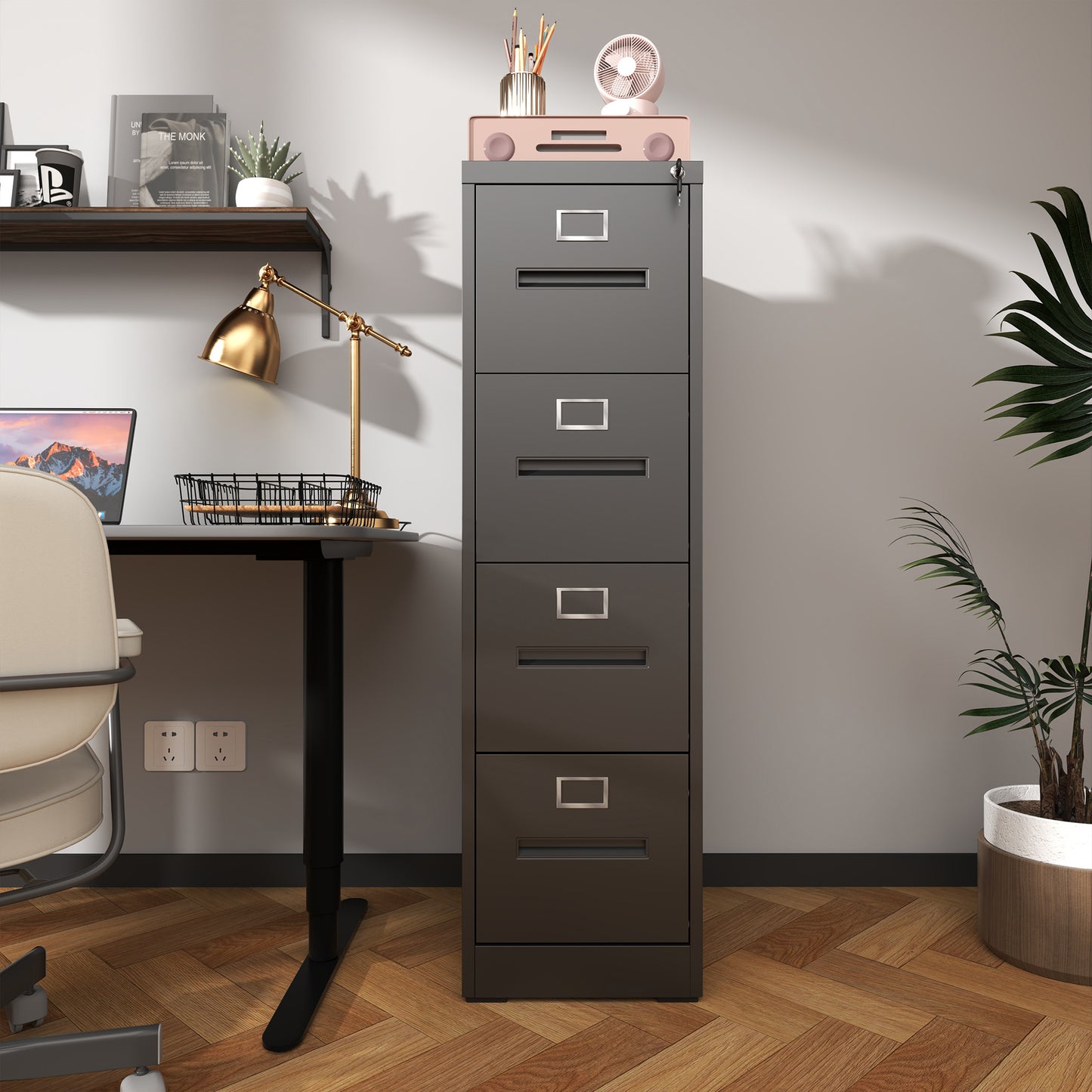 VIYET 52"H 4-Drawer Narrow Metal Vertical File Cabinet with Lock, Black, Fits A4/Letter/Legal, Home Office Steel Filing Cabinet