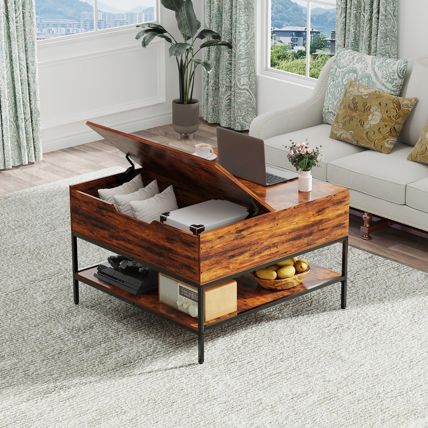 VIYET 32"H Farmhouse Flip Top Coffee Table with Storage, Rustic Wood Grain + Metal Frame, Hidden Compartment & Open Shelves for Living Room, Easy to Assemble & Clean (Black+Brown)