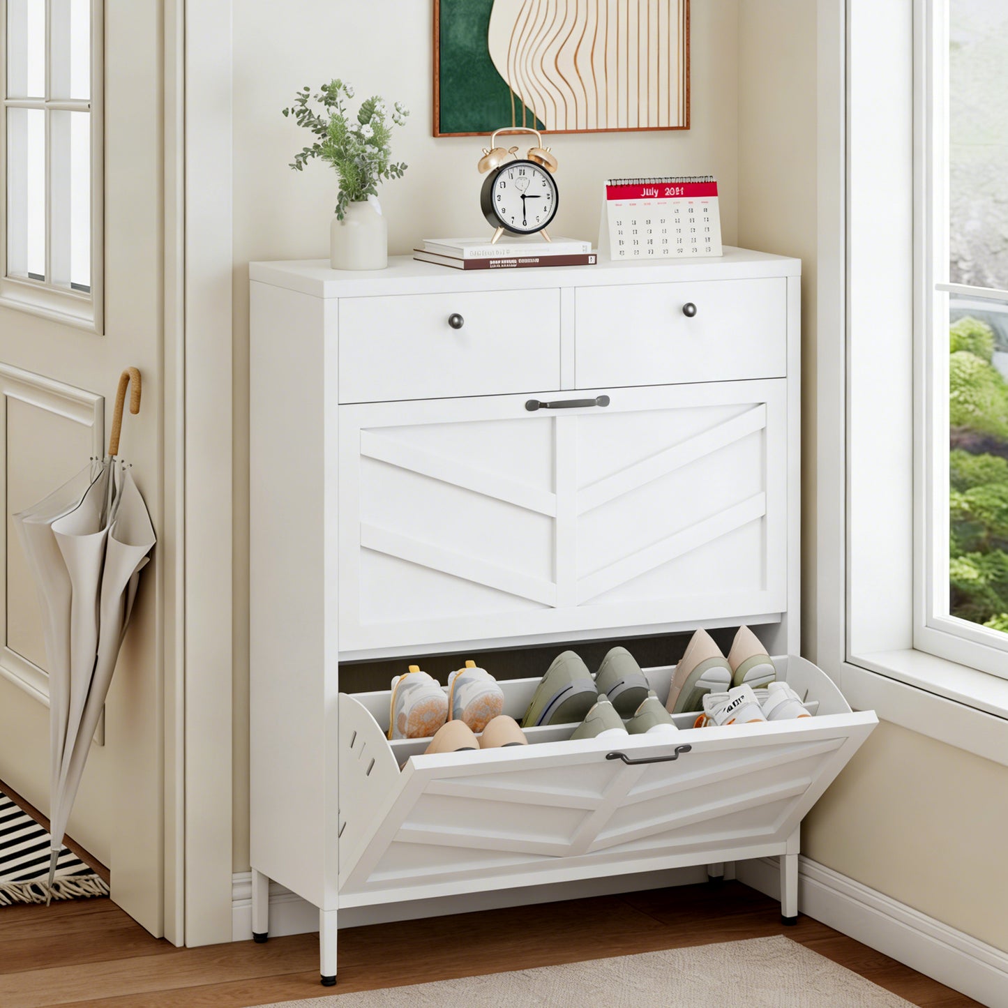 VIYET Slim Metal Shoe Cabinet with 2 Flip Drawers & 2 Top Drawers, Narrow Entryway Storage Organizer, Freestanding Hallway Shoe Rack, White