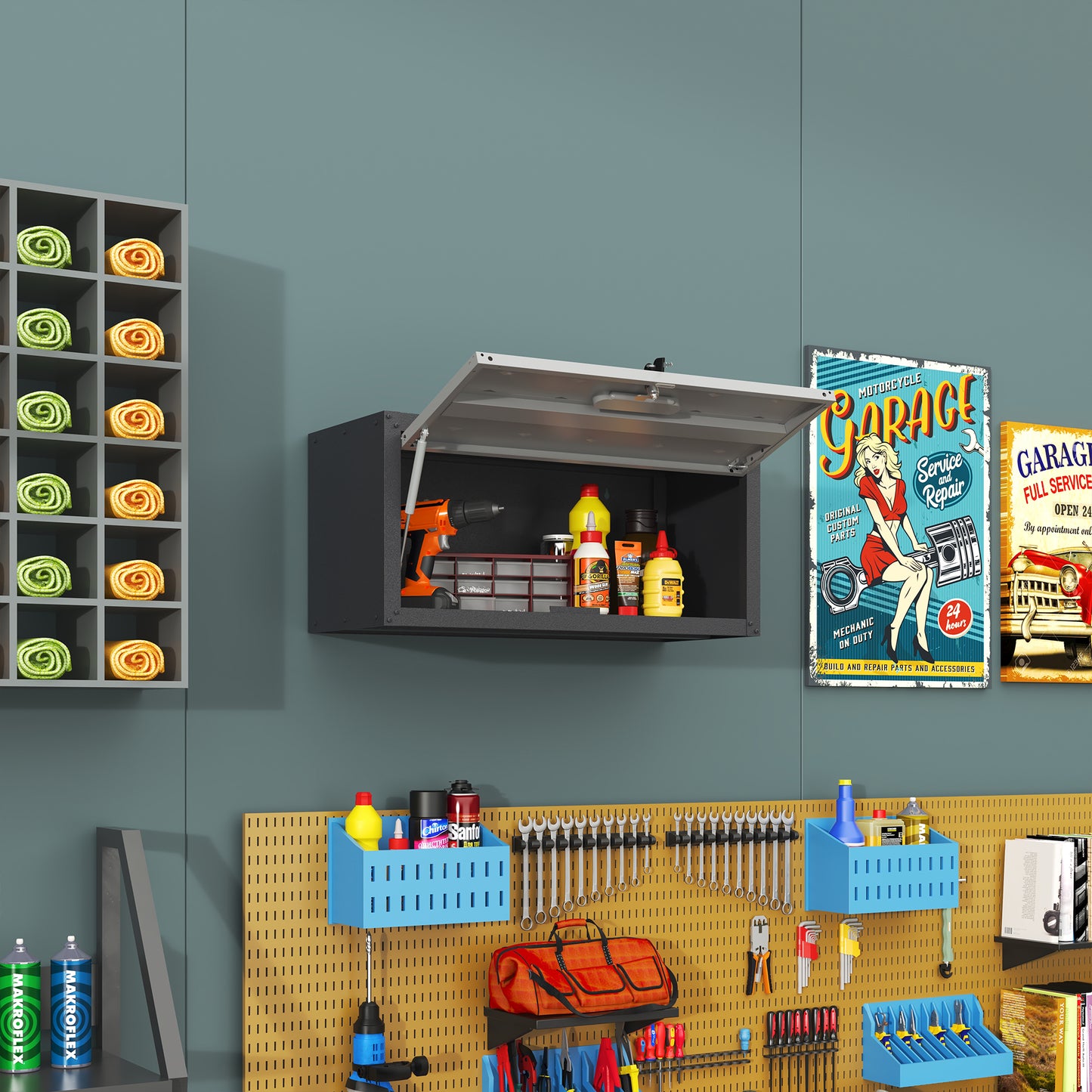 VIYET Wall Mounted Tool Storage Cabinet, Heavy Duty Steel Garage Cabinet with Lock, Hydraulic Lift Door, Workshop & Utility Room Wall Organizer