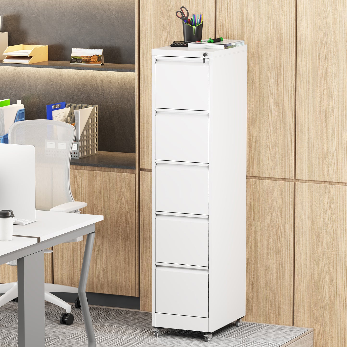 VIYET 64"H 5-Drawer White Metal Vertical File Cabinet with Lock&Wheels, Heavy-Duty Storage for Home Office, Fits A4/Letter/Legal (Assembly Required)