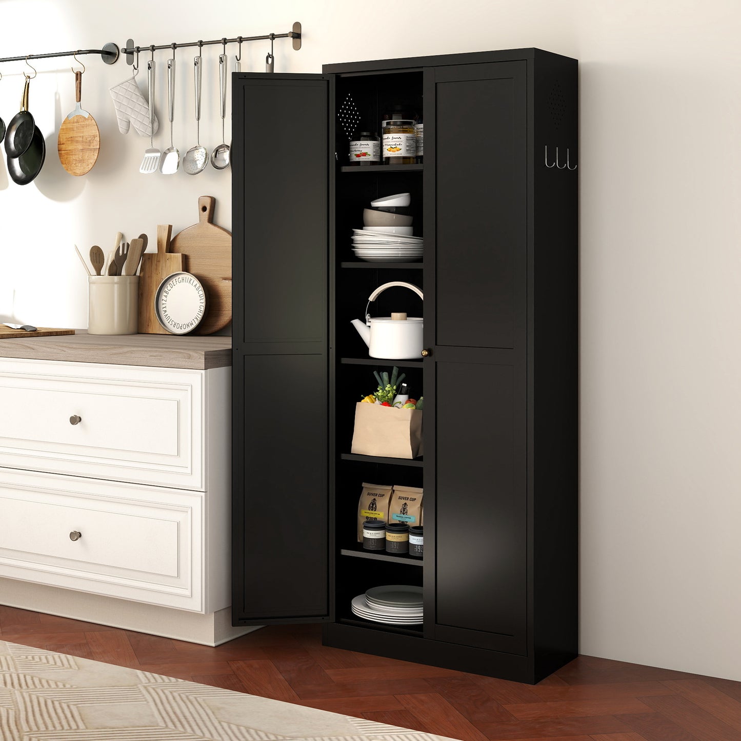 VIYET 72" Black Metal Kitchen Pantry Cabinet with Doors, 5 Adjustable Shelves, Heavy-Duty Tool-Free Freestanding Organizer